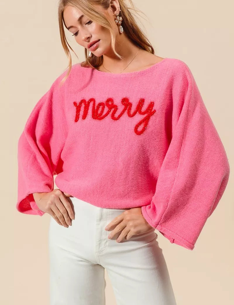 SO ME Merry Tinsel Lettering Christmas Sweater Top on Simply Obsessed