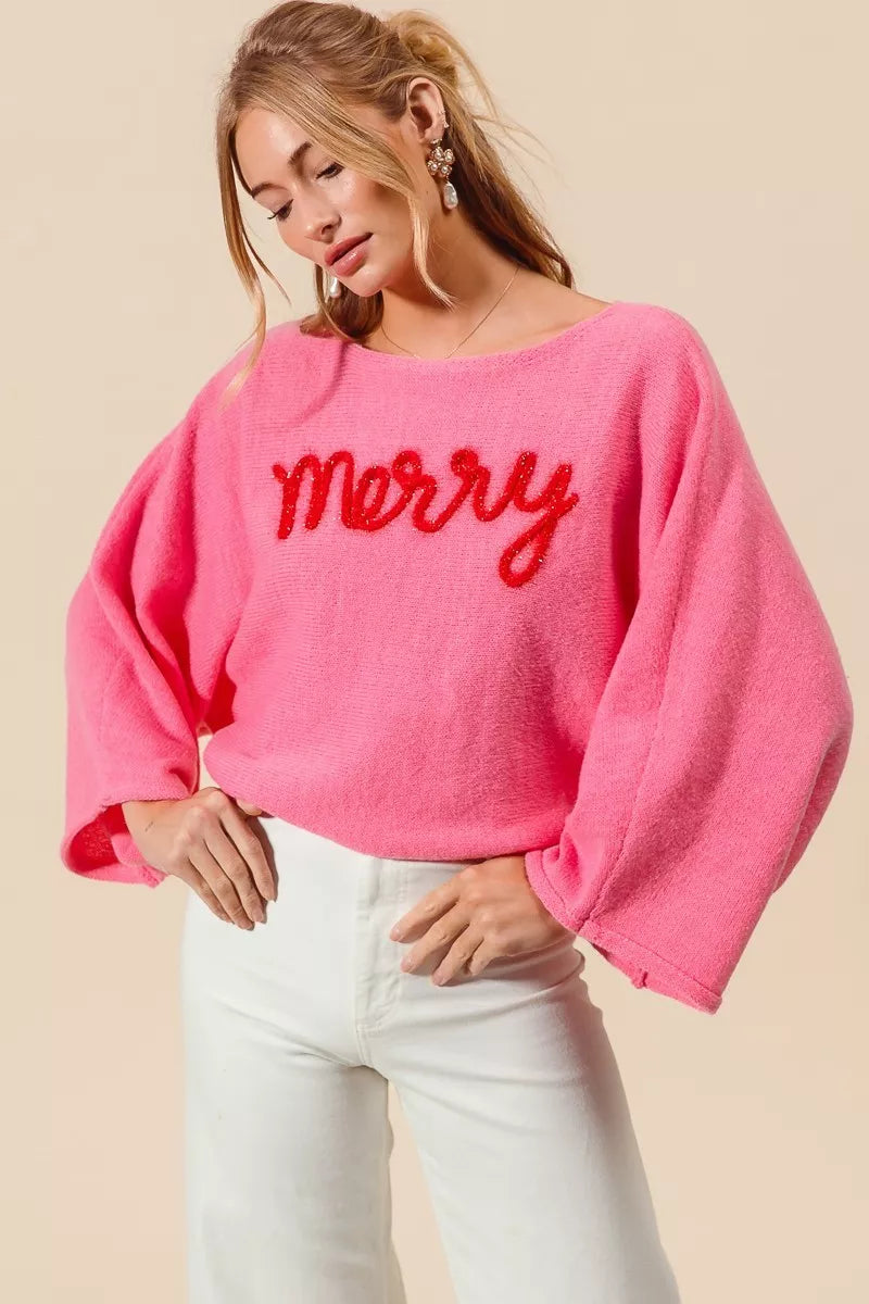 SO ME Merry Tinsel Lettering Christmas Sweater Top on Simply Obsessed