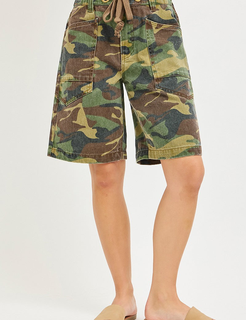 RISEN Camo Print Slouchy Jorts with Eyelet Drawstring on Simply Obsessed