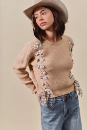 SO ME Checkered Plaid Tape Lace Up Ribbed Sweater on Simply Obsessed