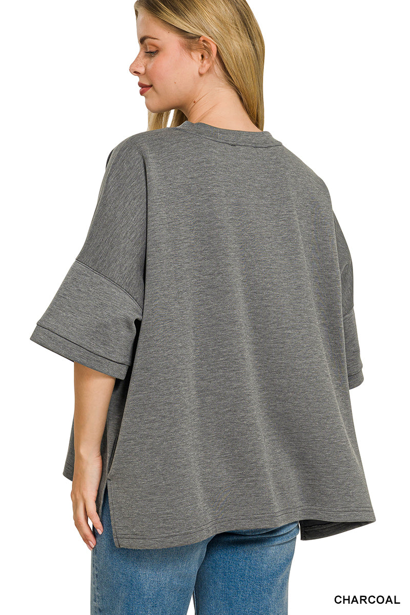 ZENANA Full Size Scuba Round Neck Top With Side Slits Plus Size on Simply Obsessed
