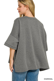ZENANA Full Size Scuba Round Neck Top With Side Slits Plus Size on Simply Obsessed