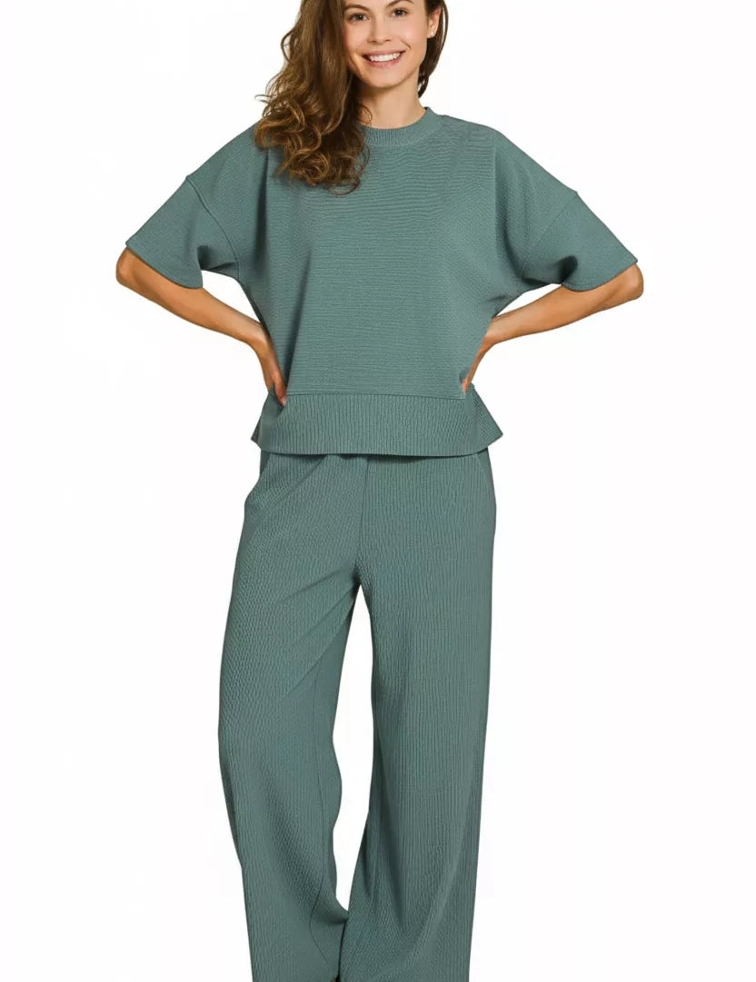 ZENANA Ribbed Round Neck Tee & Pants Set on Simply Obsessed