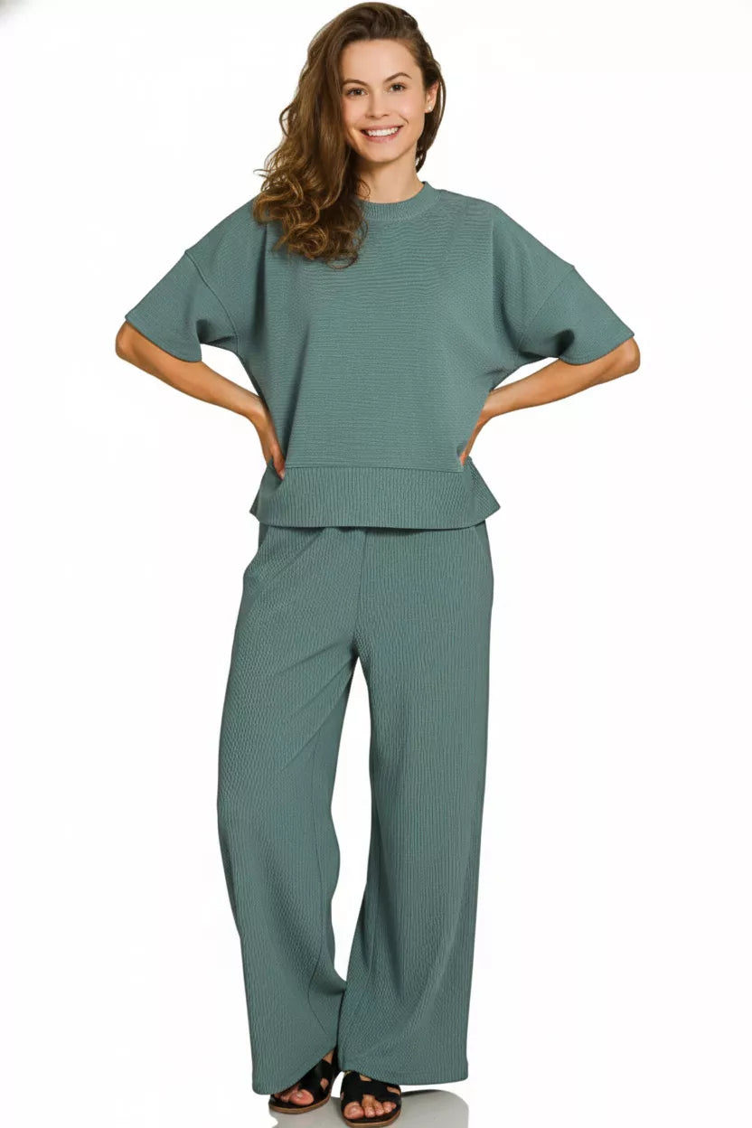 ZENANA Ribbed Round Neck Tee & Pants Set on Simply Obsessed