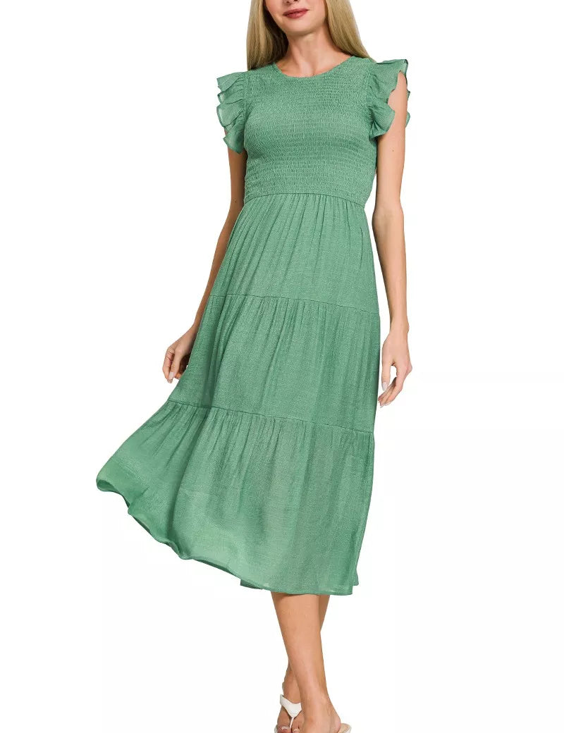 Zenana Woven Smocked Ruffle Sleeve Midi Dress on Simply Obsessed