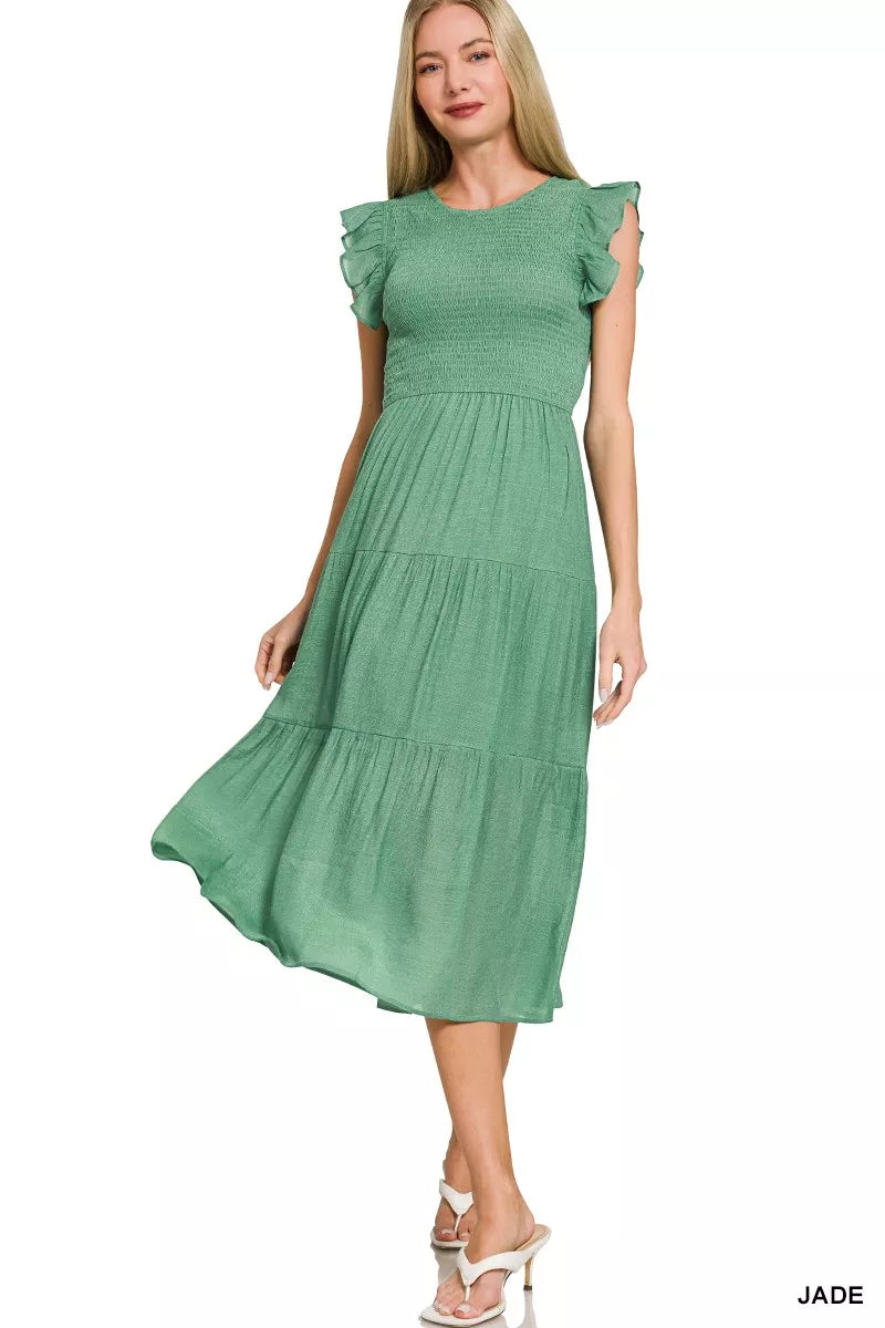 Zenana Woven Smocked Ruffle Sleeve Midi Dress on Simply Obsessed
