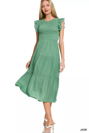 Zenana Woven Smocked Ruffle Sleeve Midi Dress on Simply Obsessed