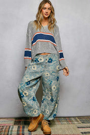 POL V-Neck Striped Pattern Cropped Knit Top with Cable Knit Detail on Simply Obsessed