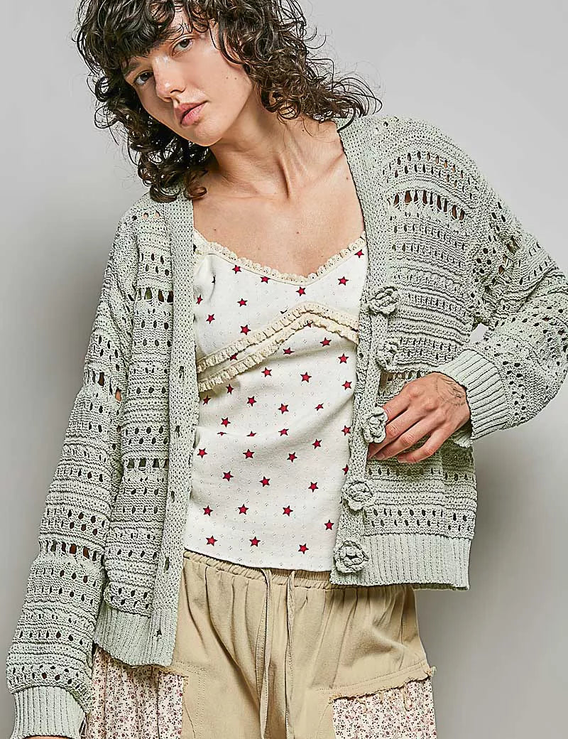 POL Open-Knit Floral Button Cardigan on Simply Obsessed