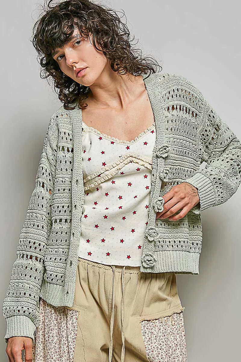 POL Open-Knit Floral Button Cardigan on Simply Obsessed