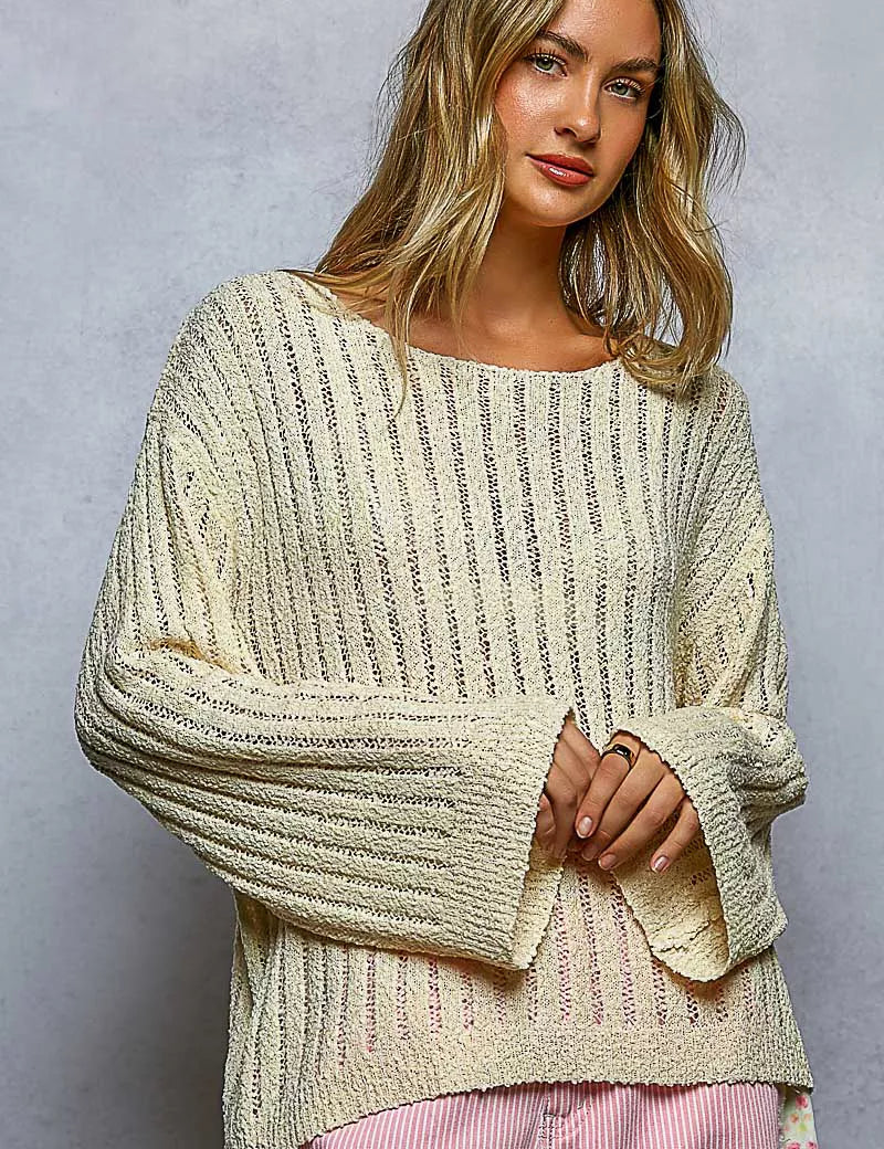 POL Round Neck Long Sleeve Open Weave Sweater on Simply Obsessed