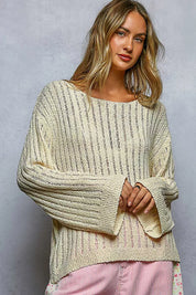 POL Round Neck Long Sleeve Open Weave Sweater on Simply Obsessed