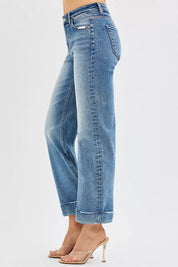 RISEN Full Size Mid Rise Crop Straight Jeans with Taylor Cuffed Plus Size on Simply Obsessed