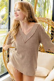 BiBi Mineral Washed V-Neck Cut Edge Detail Top on Simply Obsessed