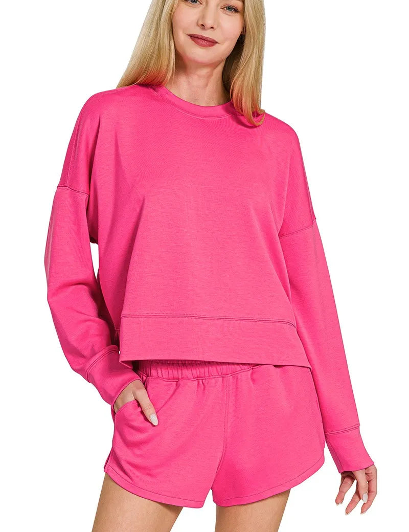 Zenana Scuba Long Sleeve Sweatshirts & Shorts Set on Simply Obsessed