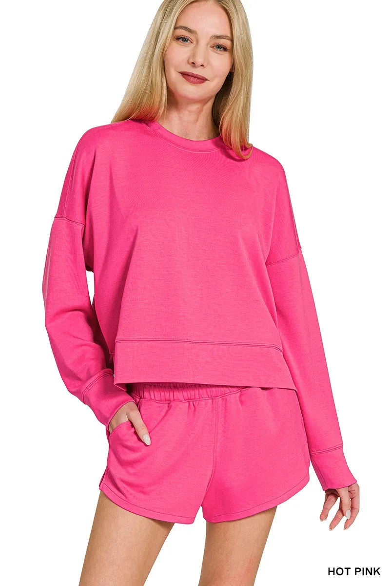 Zenana Scuba Long Sleeve Sweatshirts & Shorts Set on Simply Obsessed