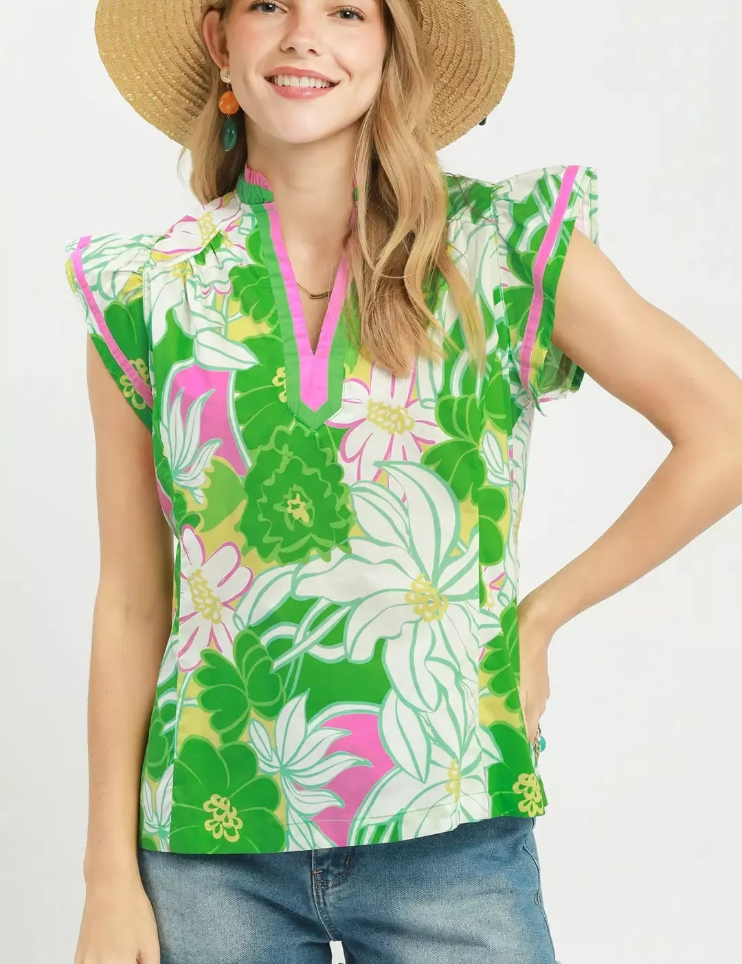 UMGEE Bold Floral Flutter Sleeve Top on Simply Obsessed