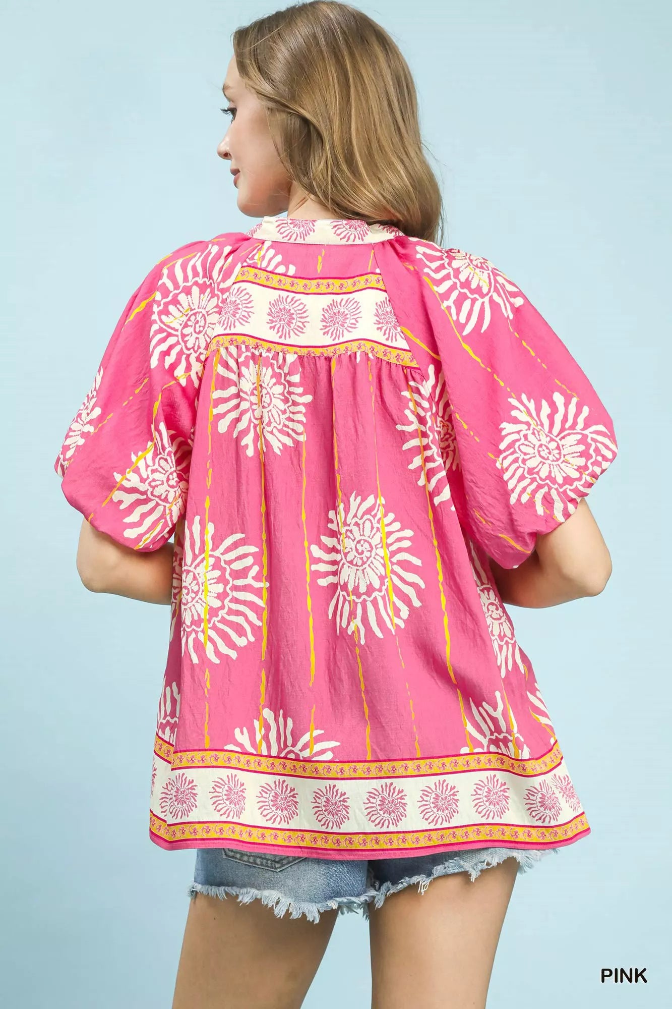 UMGEE Floral Border Smocked V-Neck Boho Blouse on Simply Obsessed