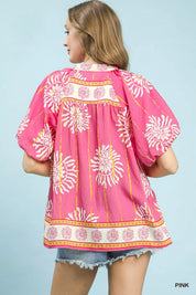 UMGEE Floral Border Smocked V-Neck Boho Blouse on Simply Obsessed