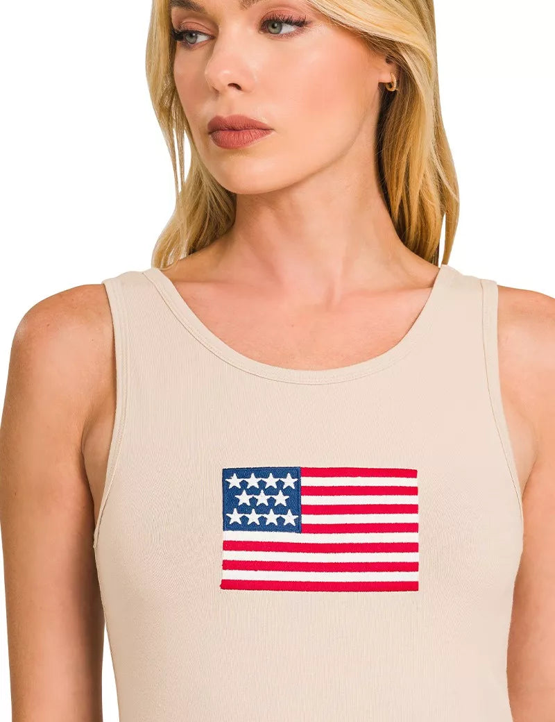 ZENANA Double Scoop American Flag Embroidered Tank Top on Simply Obsessed