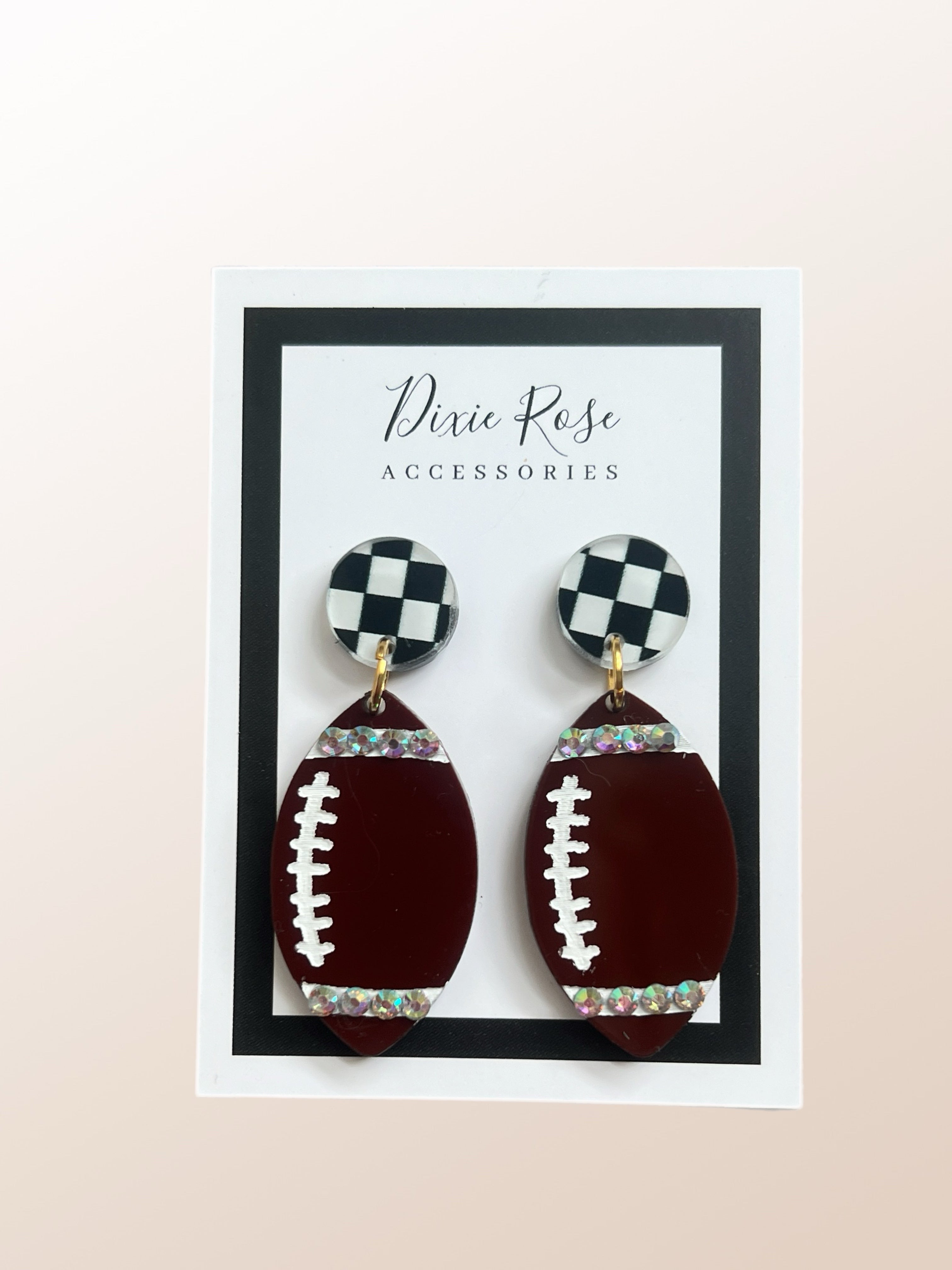 DIXIE ROSE Black/White Checkered Football Crystal Earrings on Simply Obsessed
