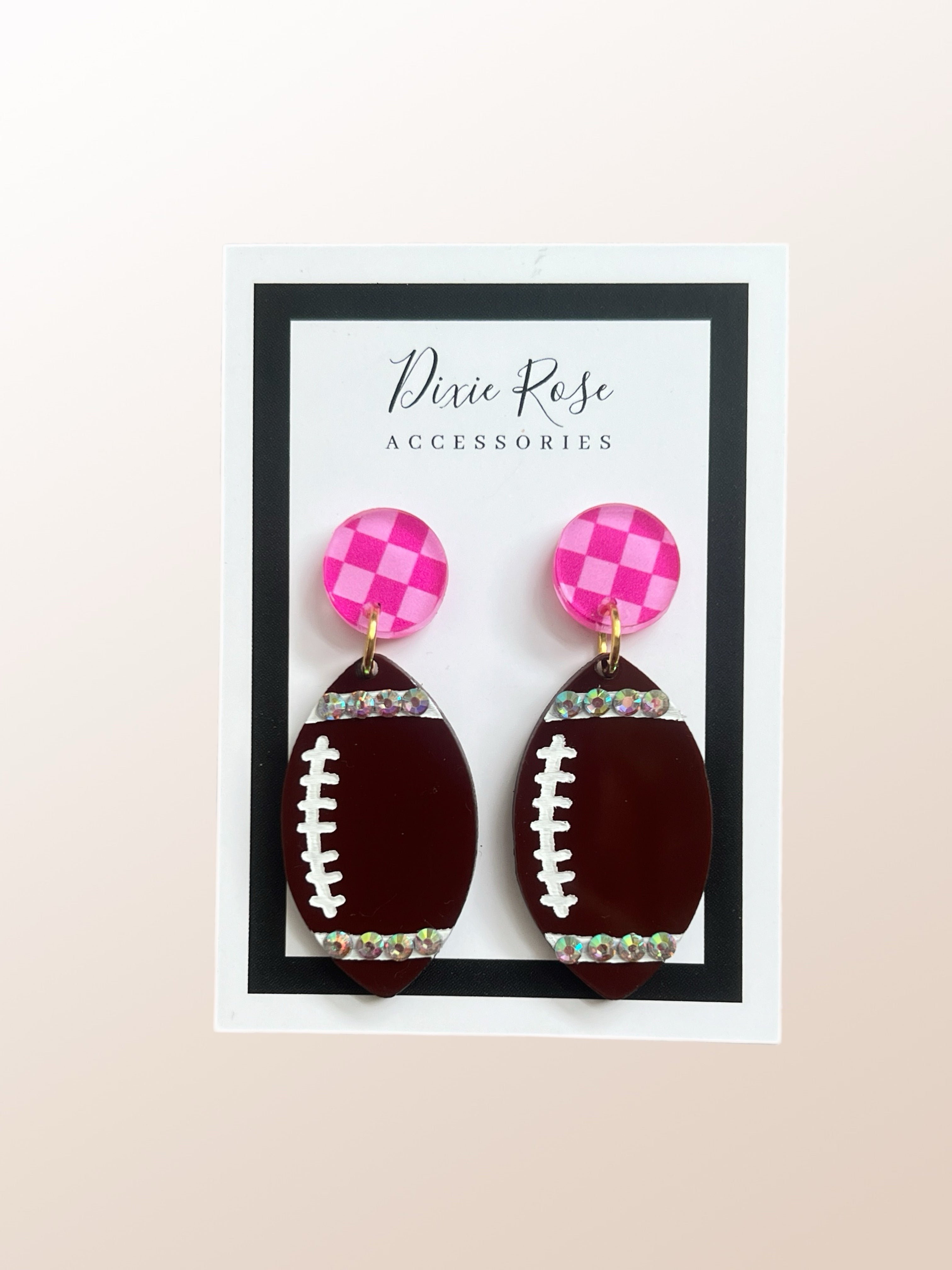 DIXIE ROSE Pink Checkered Football Crystal Earrings on Simply Obsessed