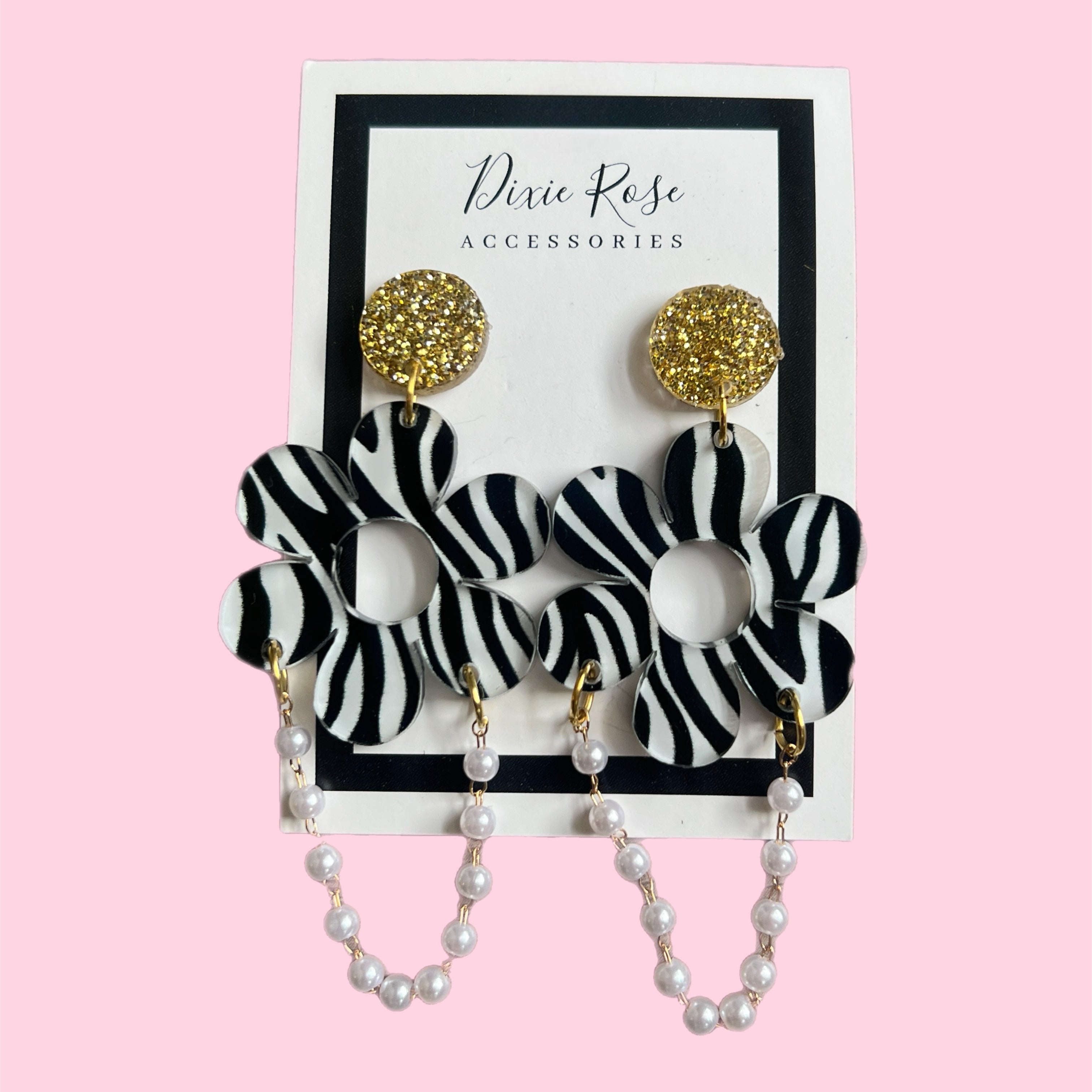 WS: Zebra Flower Pearl Chain Drop Earrings on Simply Obsessed