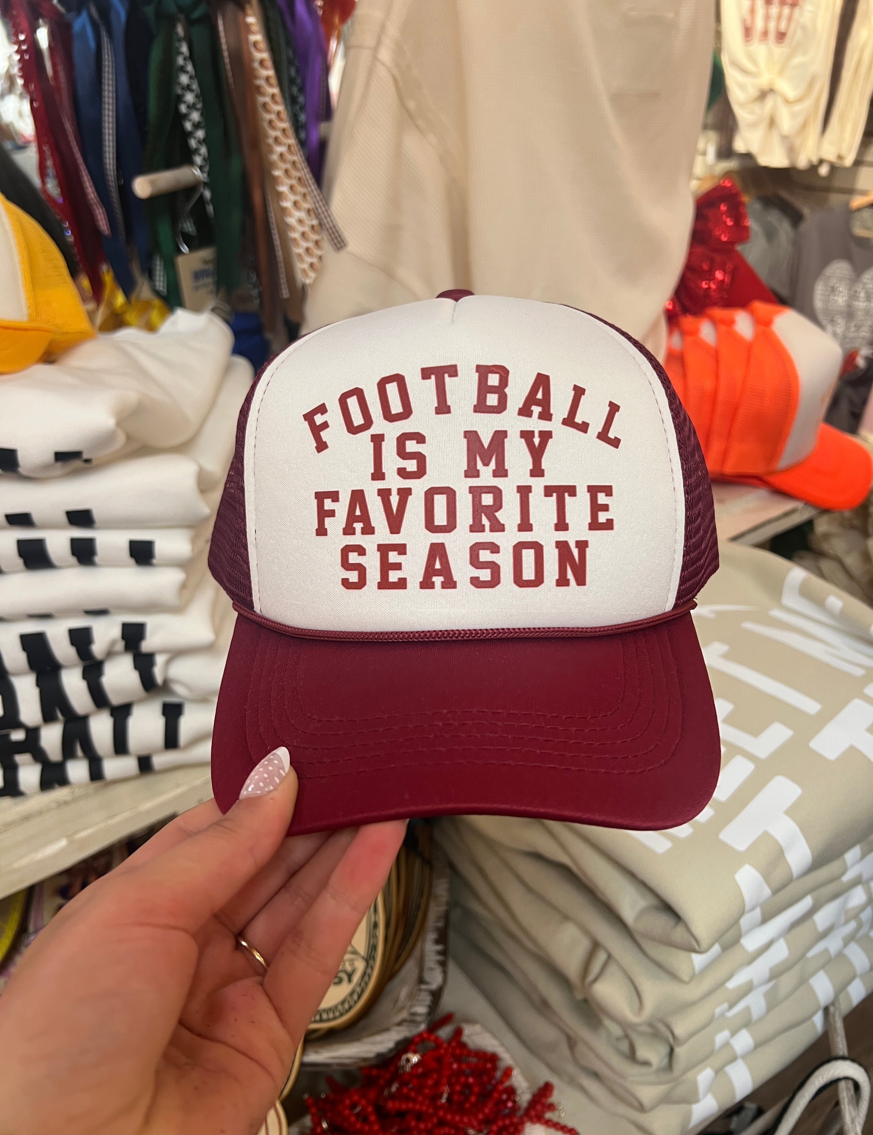 KIG Football Is My Favorite Season Maroon Trucker Hat on Simply Obsessed