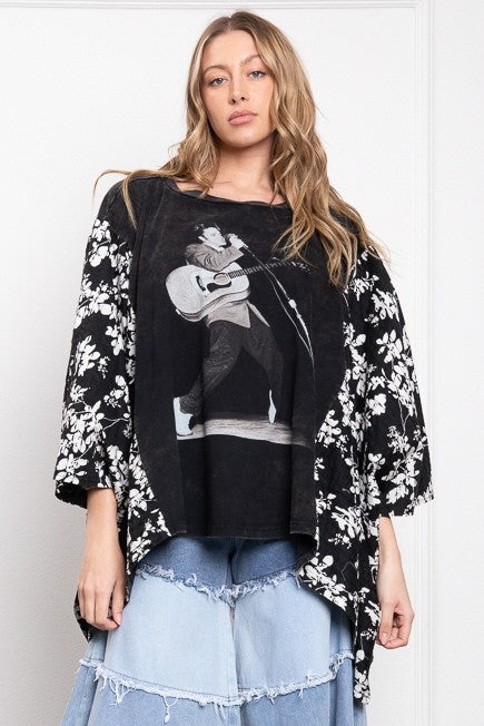 BLUE VELVET ELVIS Flower Poncho Sleeve Top - BLACK ***BEACH LIVE***