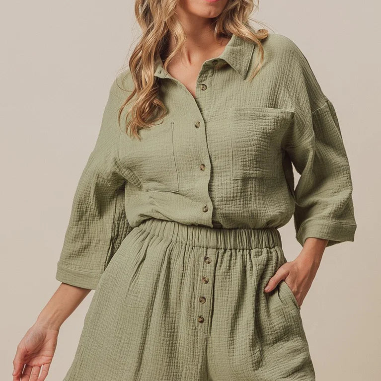 BIBI Crinkle Gauze Short Set - SAGE on Simply Obsessed