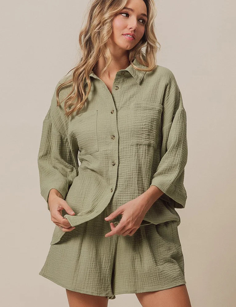 BIBI Crinkle Gauze Short Set - SAGE on Simply Obsessed