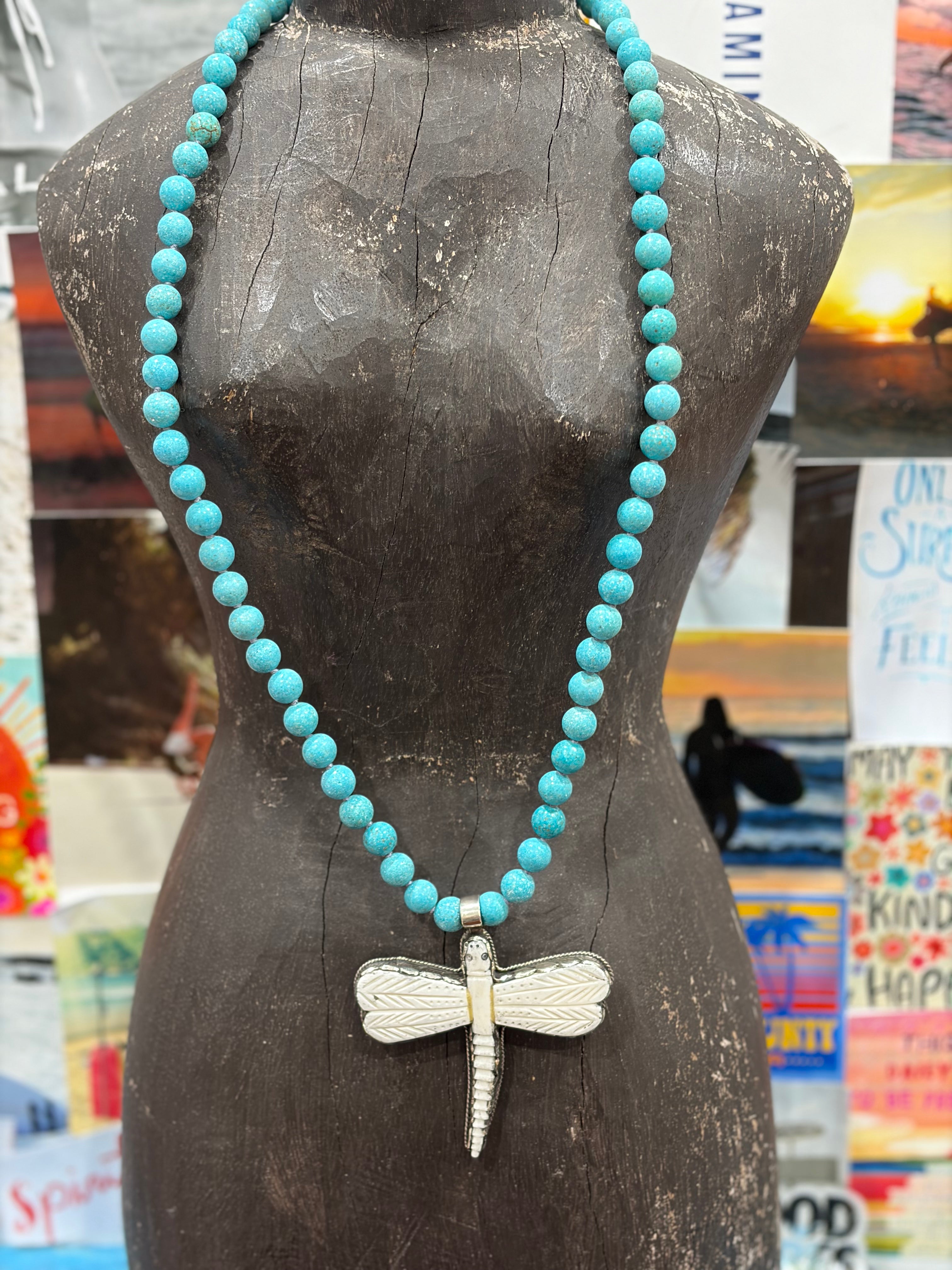 MALIBU HIPPIE Howlite Tibetan Silver Carved Tusk Dragonfly  OOAK Necklace