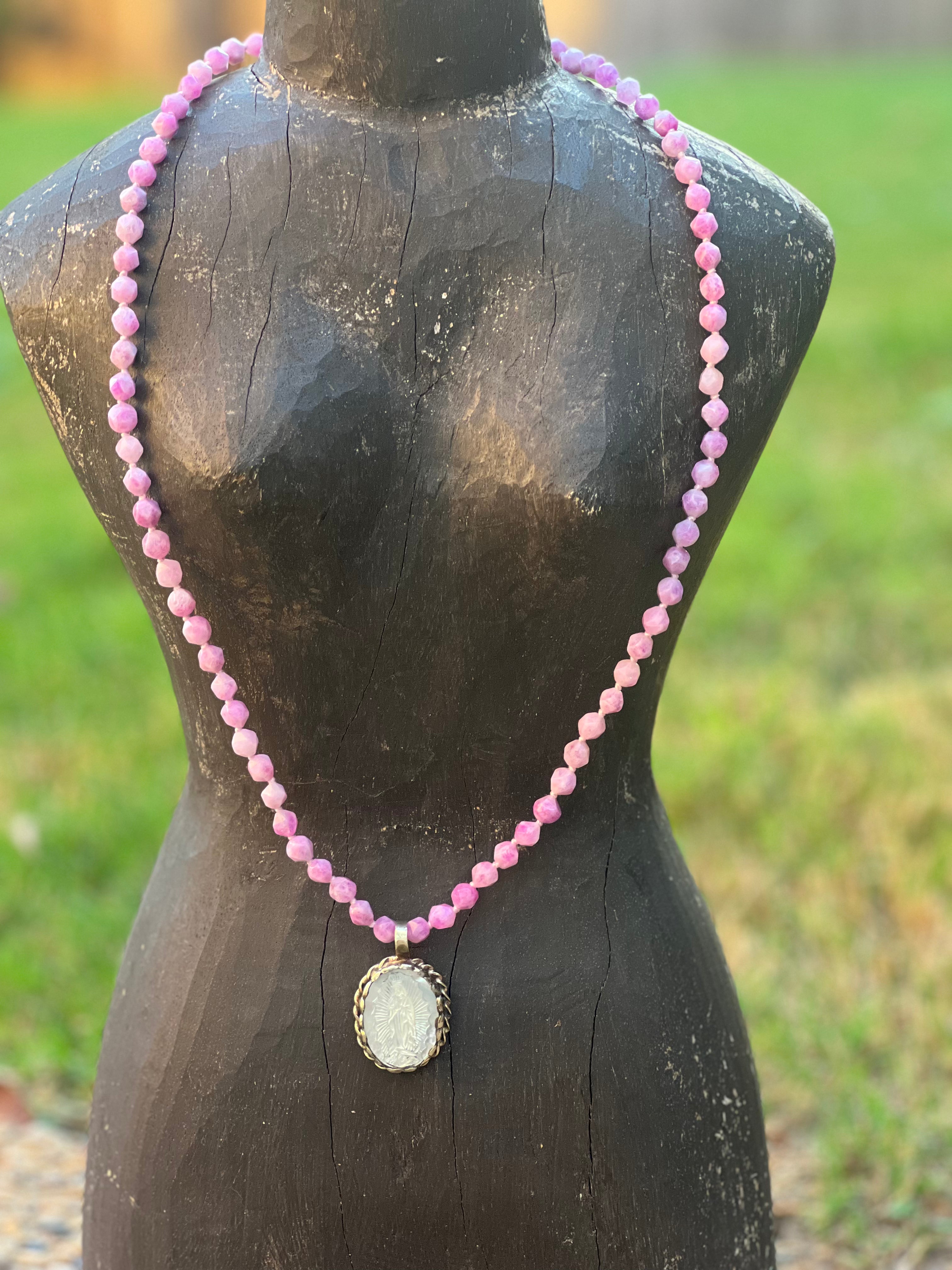 MALIBU HIPPIE Colbalt Calcite Mother of Pearl Virgin Mary Tibetan Silver OOAK Necklace on Simply Obsessed