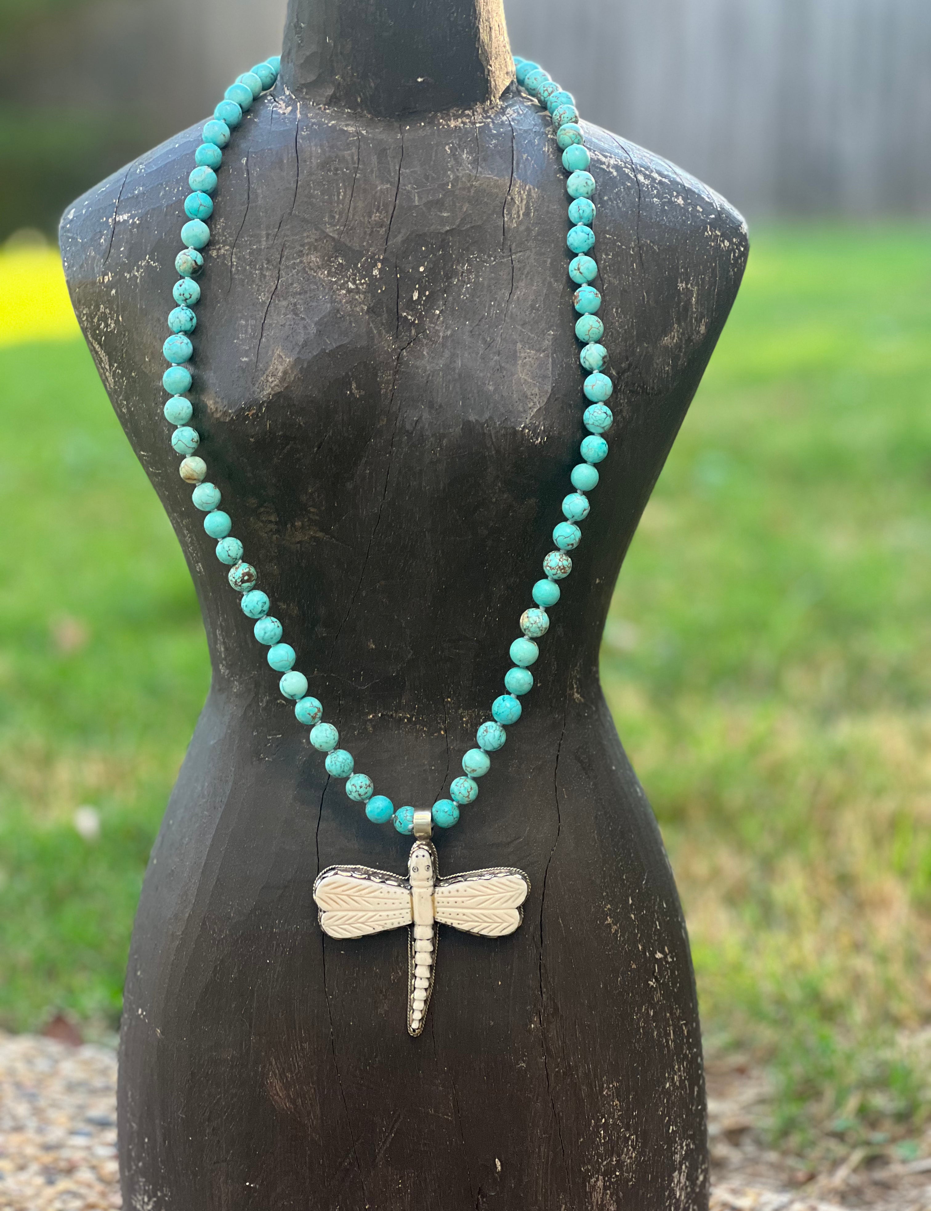 MALIBU HIPPIE Howlite Tibetan Silver Carved Tusk Dragonfly OOAK Necklace on Simply Obsessed