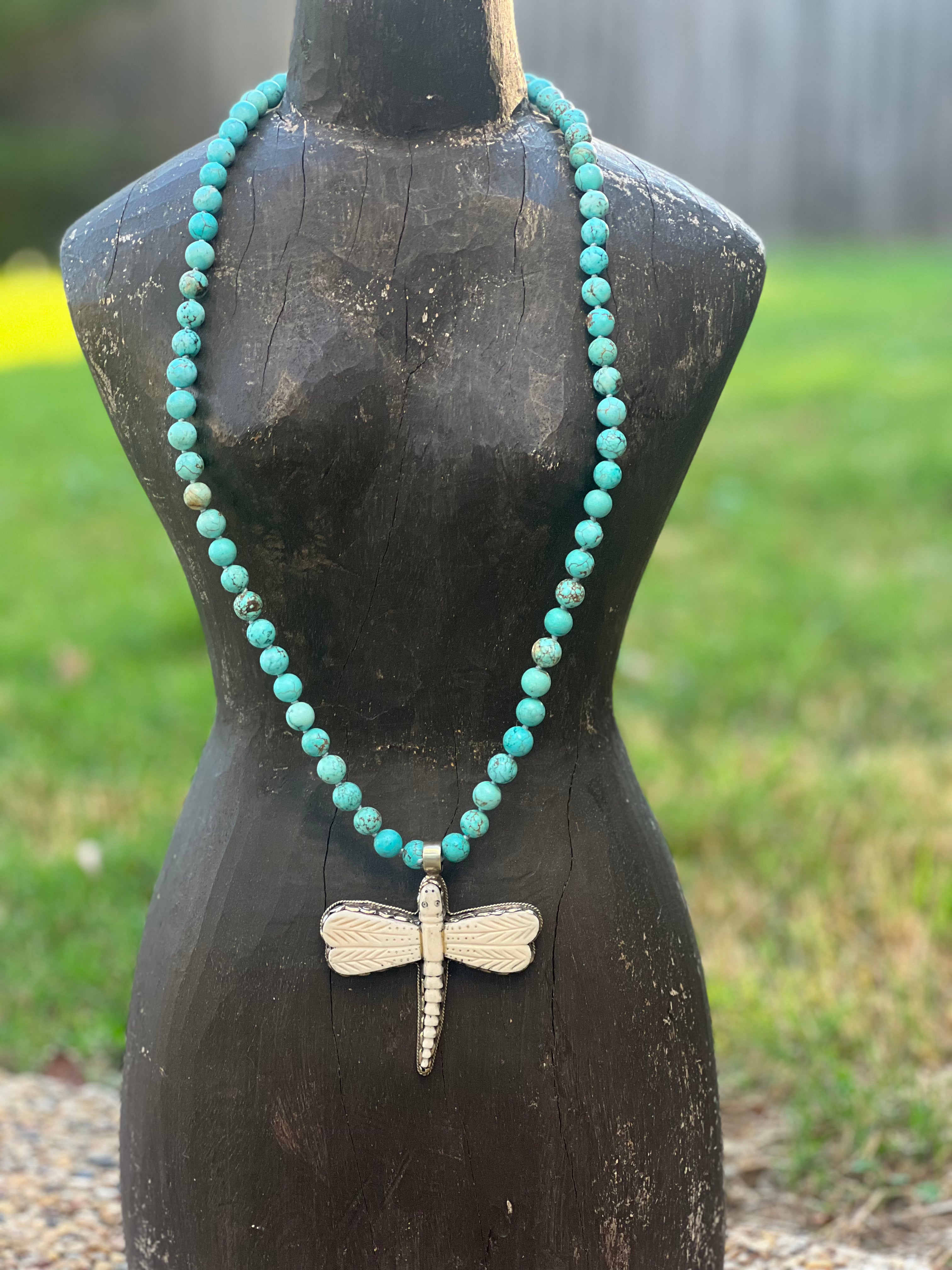 MALIBU HIPPIE Howlite Tibetan Silver Carved Tusk Dragonfly OOAK Necklace on Simply Obsessed