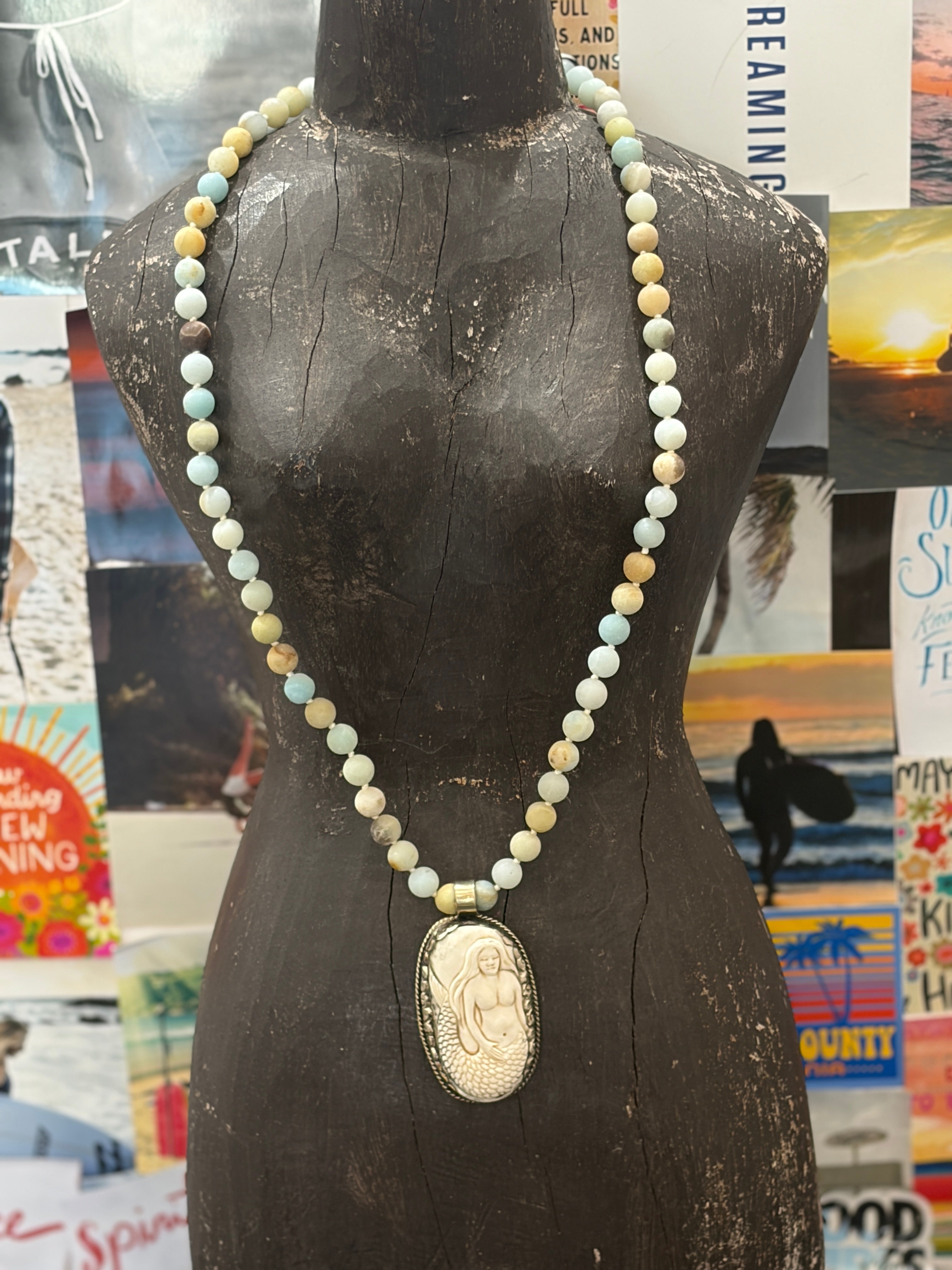 MALIBU HIPPIE Amazonite Tibetan Silver Carved Tusk Mermaid OOAK Necklace