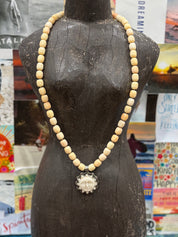 MALIBU HIPPIE Sponge Coral Tibetan Silver Carved Bone Sun OOAK Necklace