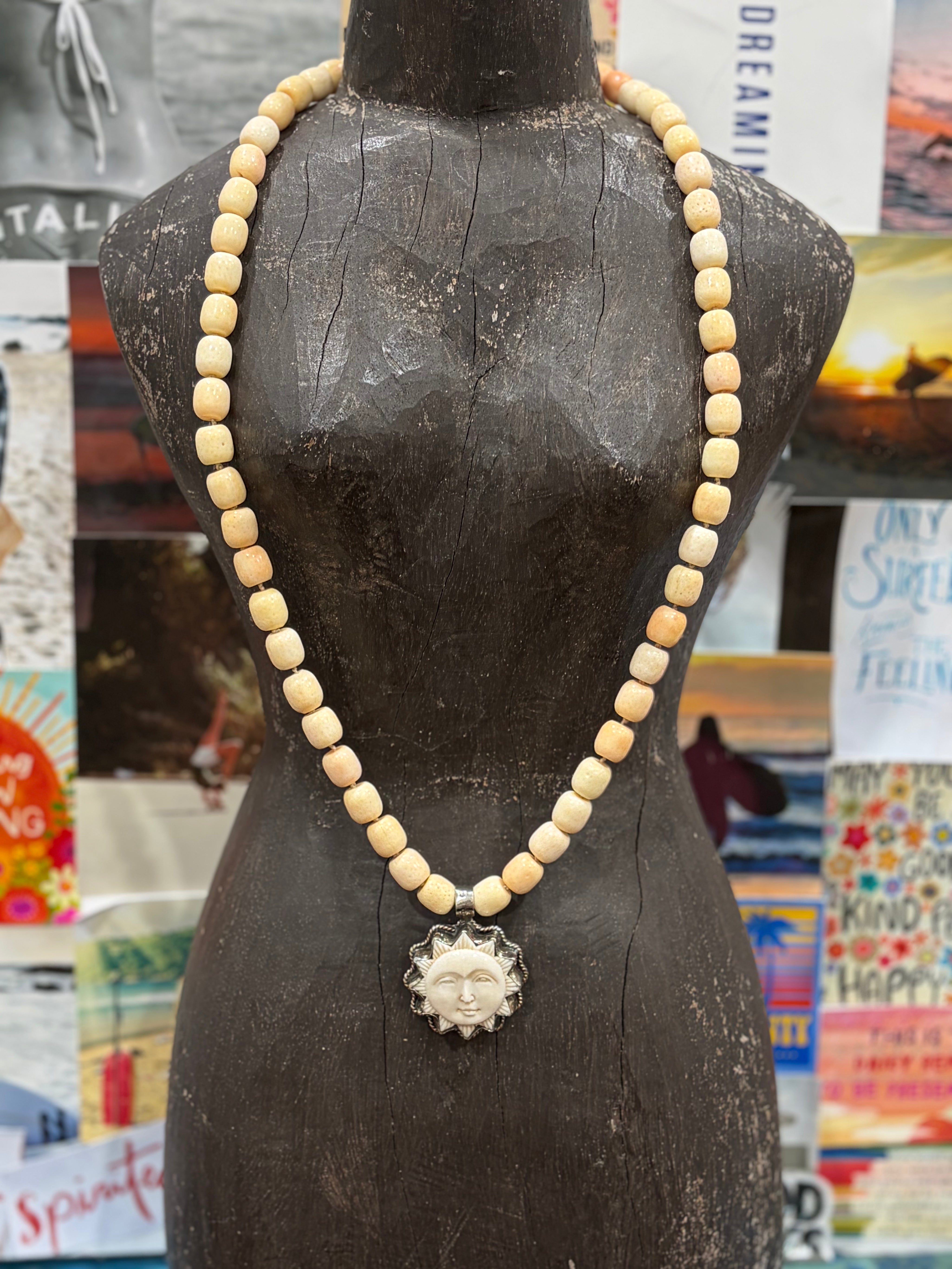 MALIBU HIPPIE Sponge Coral Tibetan Silver Carved Bone Sun OOAK Necklace