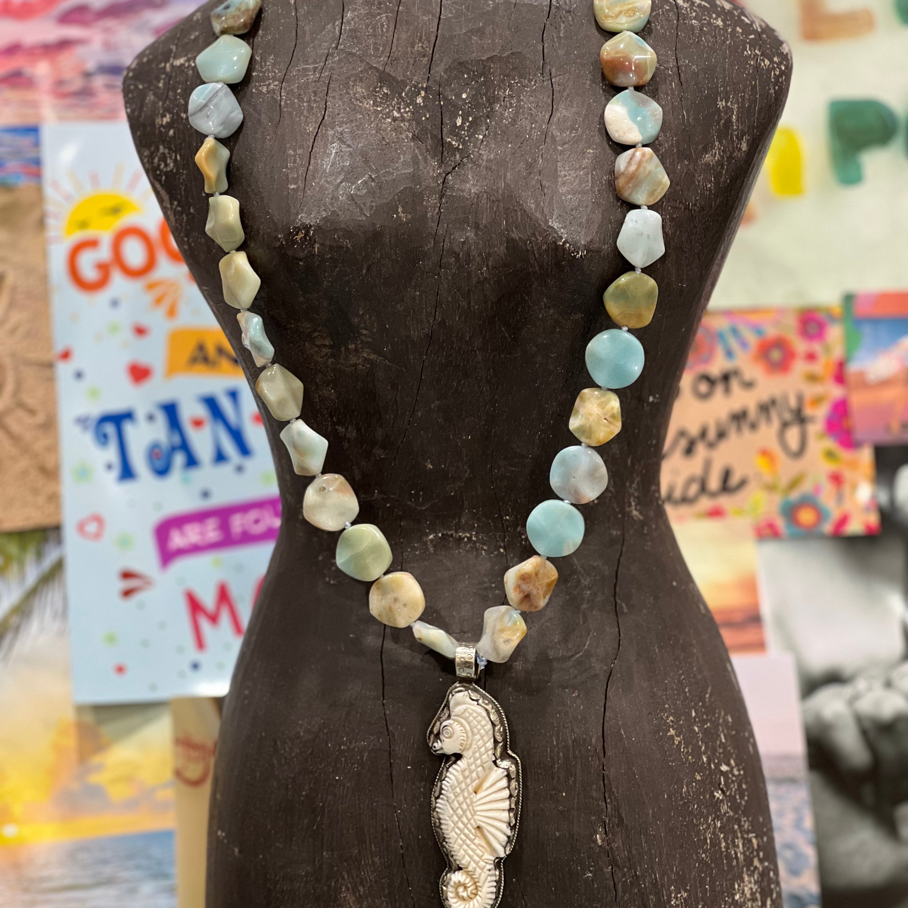 MALIBU HIPPIE Amazonite Tibetan Silver Carved Tusk Seahorse OOAK Necklace on Simply Obsessed