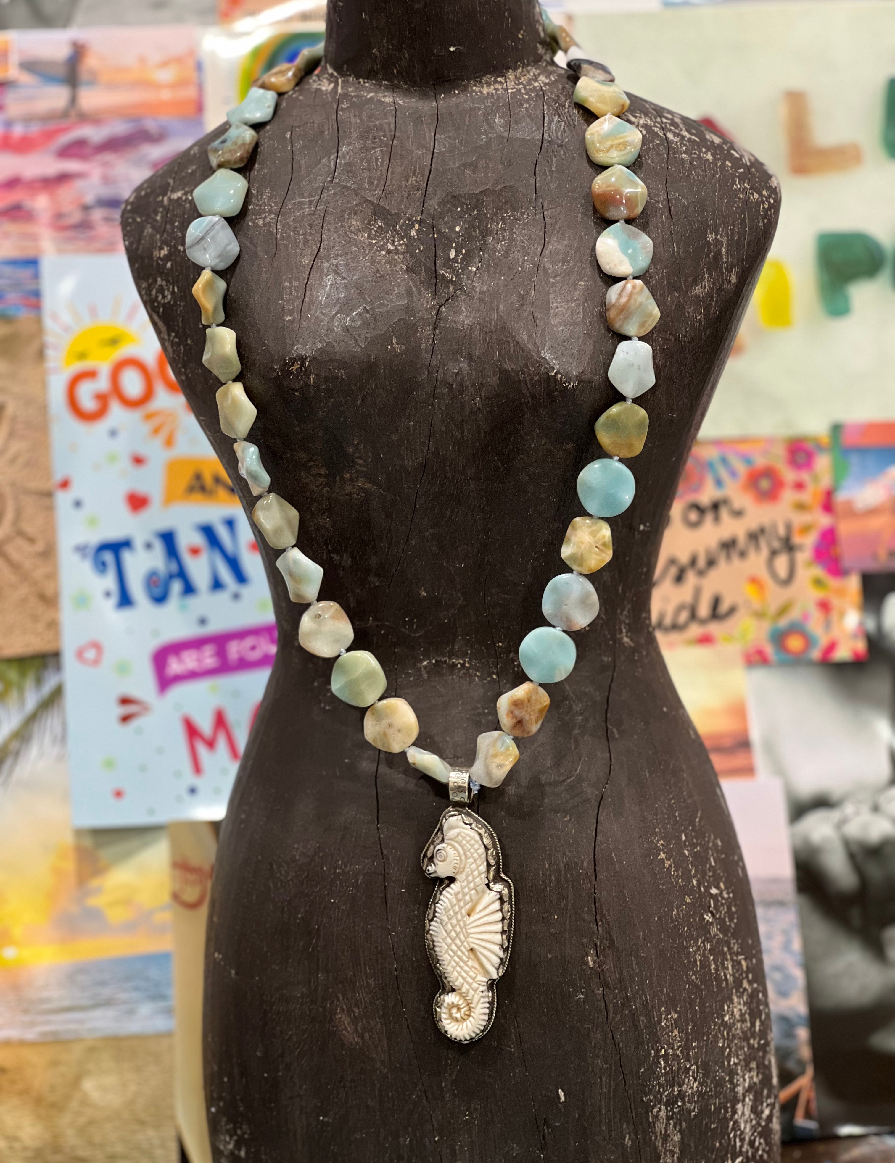 MALIBU HIPPIE Amazonite Tibetan Silver Carved Tusk Seahorse OOAK Necklace on Simply Obsessed