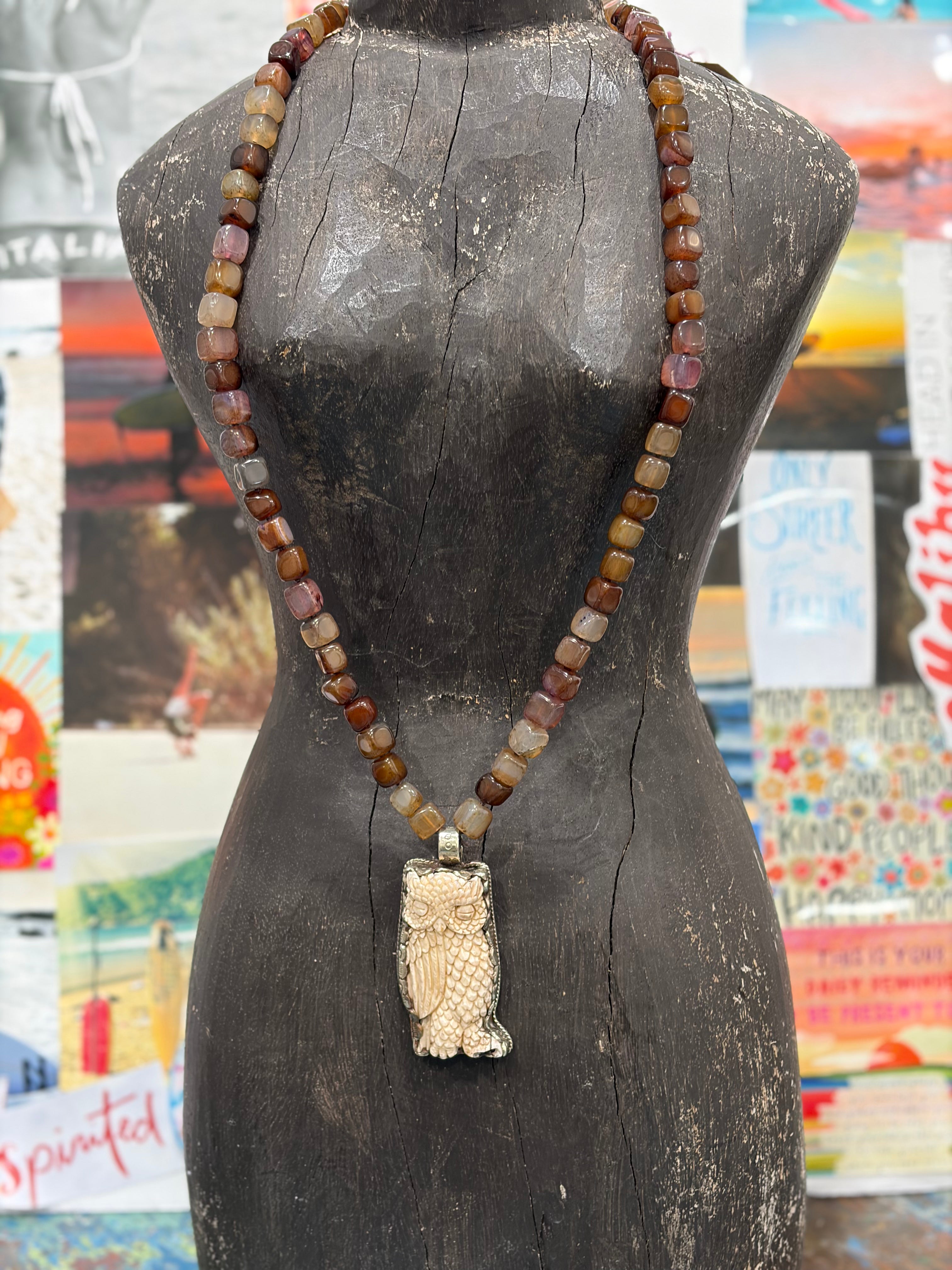 MALIBU HIPPIE Brown Agate Tibetan Silver Carved Tusk Owl OOAK Necklace