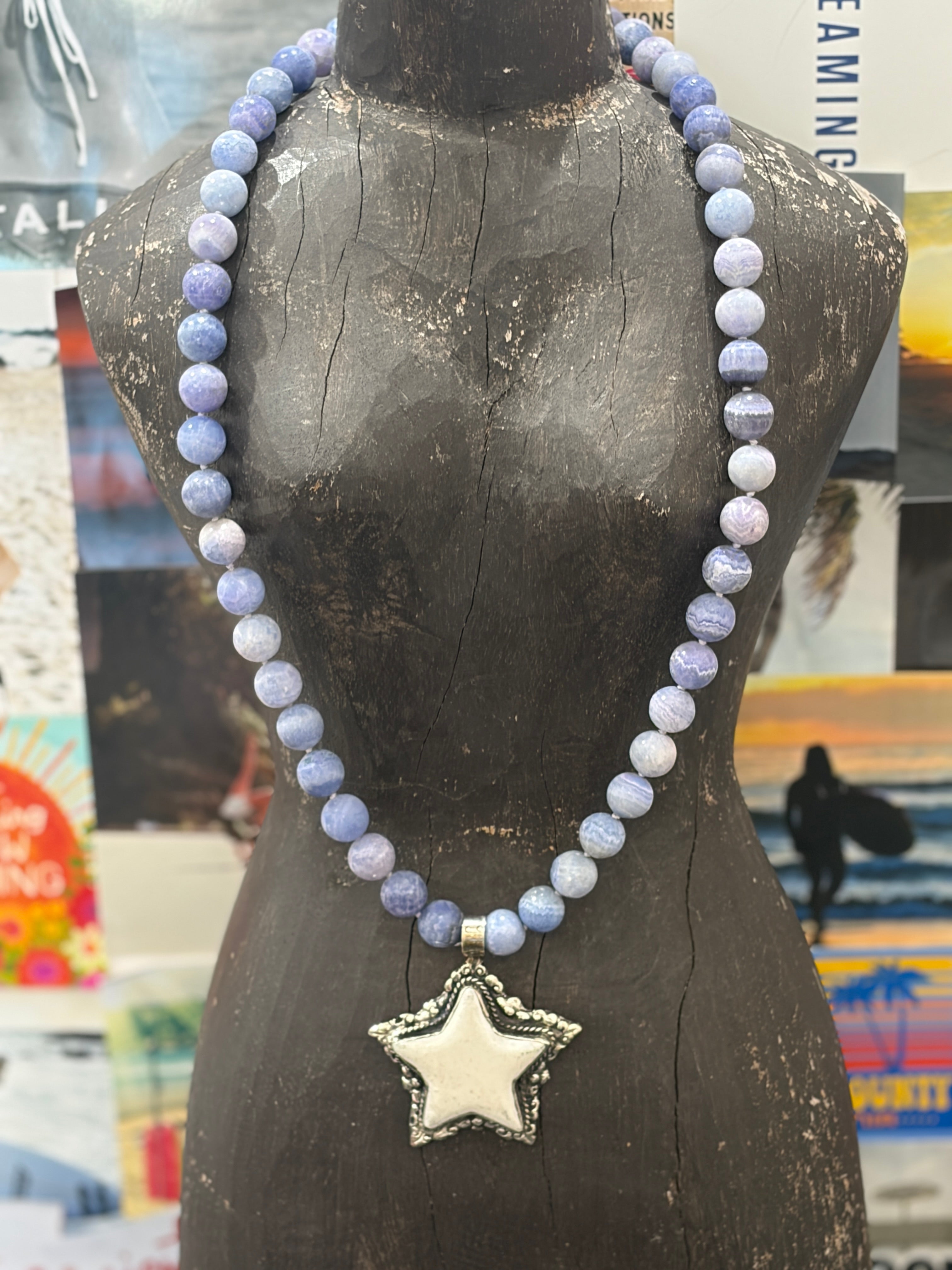 MALIBU HIPPIE Blue Crazy Lace Agate Tibetan Silver Carved Tusk Star OOAK Necklace