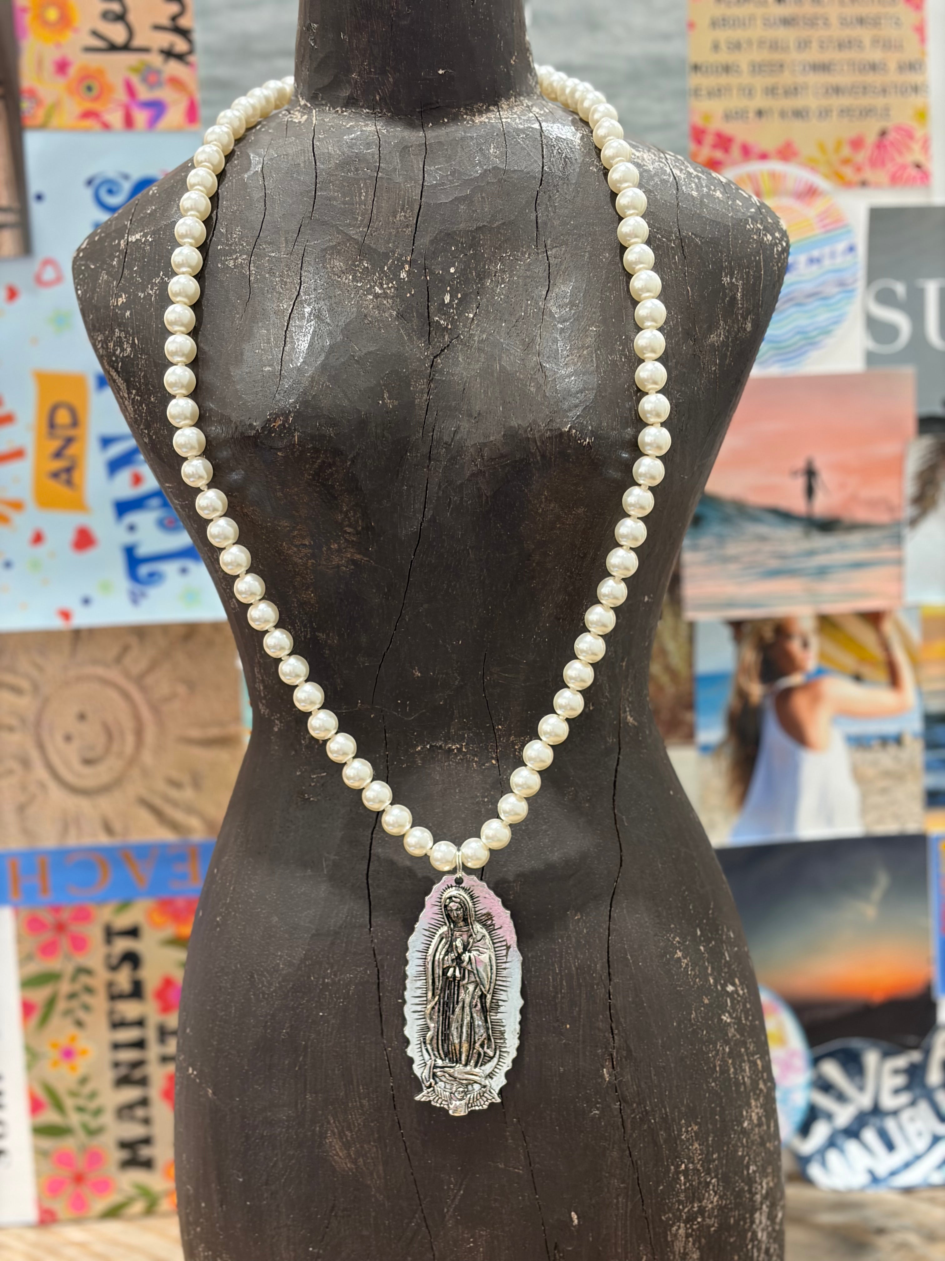 MALIBU HIPPIE Pearl Virgin Mary Necklace -large