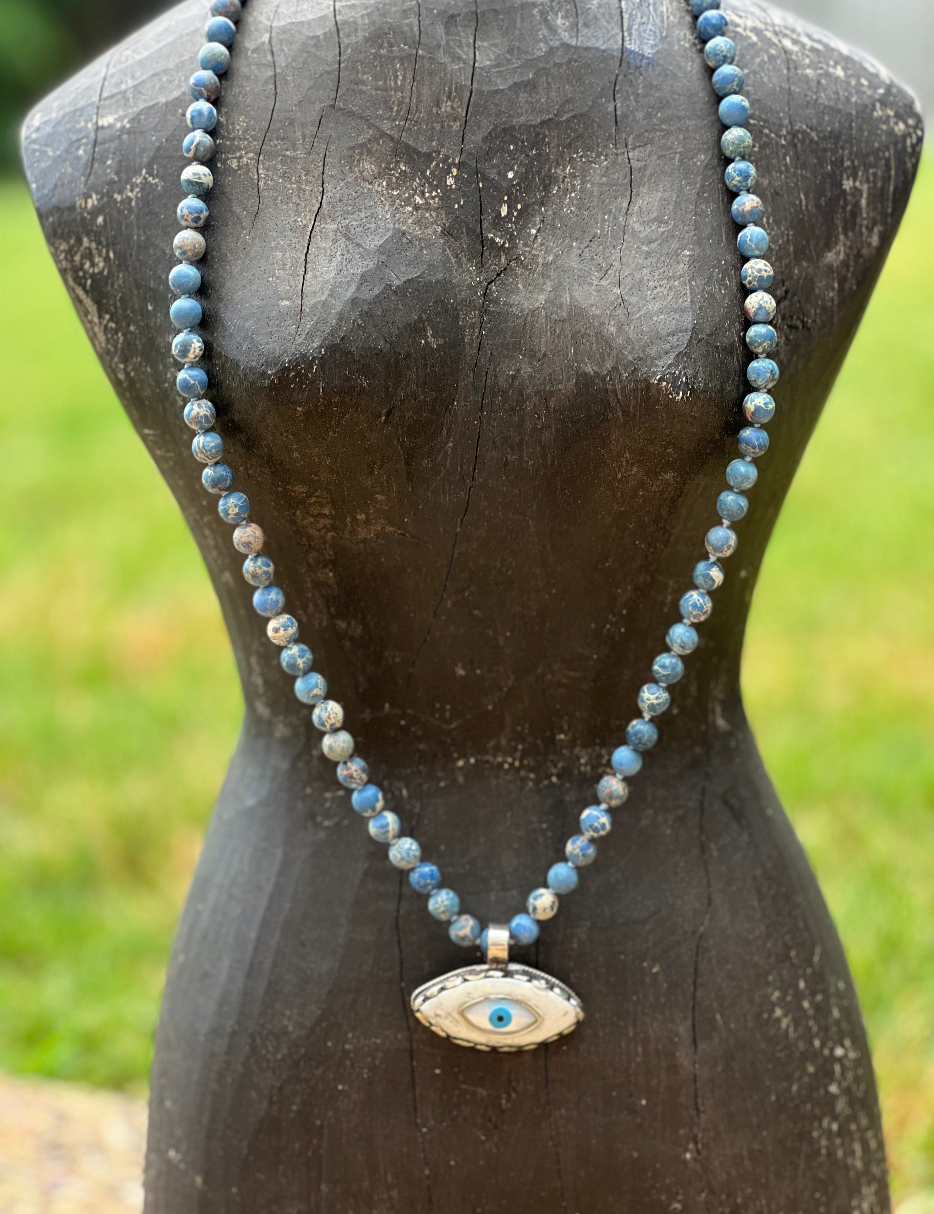 Sponge Coral Tibetan Silver Carved Tusk Evil Eye OOAK Necklace on Simply Obsessed