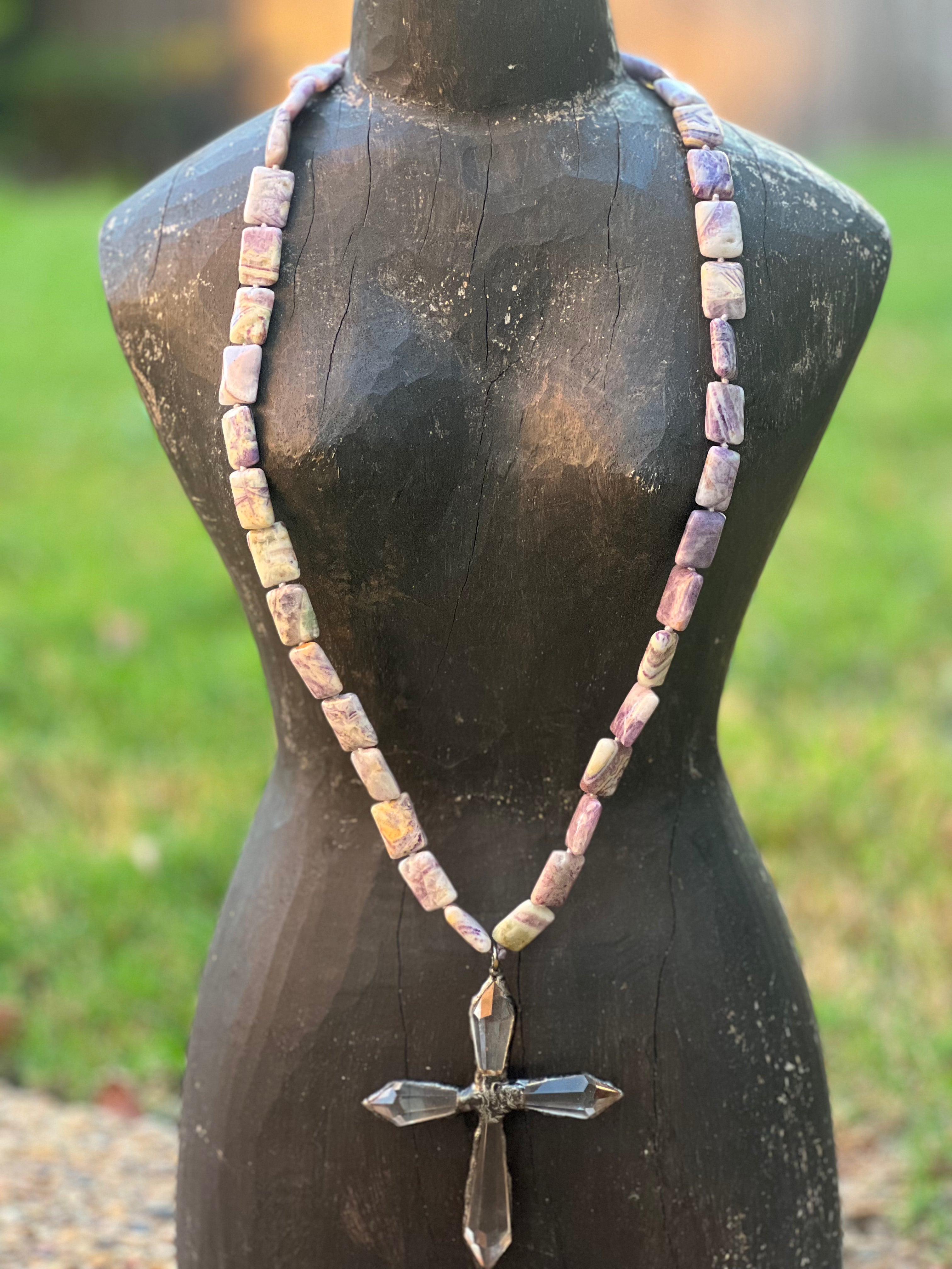 MALIBU HIPPIE Lepidolite Antique Chandelier Crystal Cross  OOAK Necklace