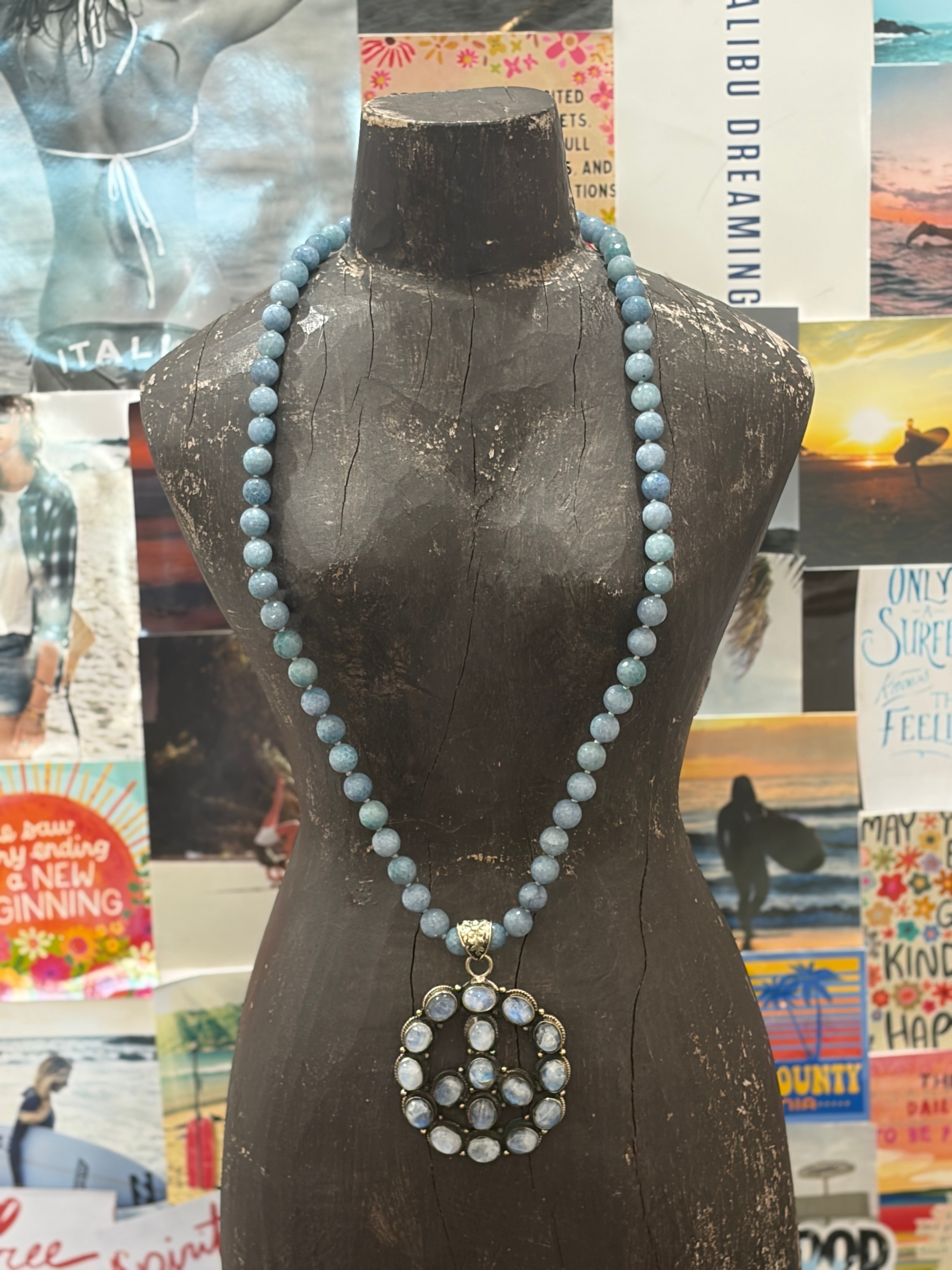 MALIBU HIPPIE Angelite Tibetan Silver Rainbow Moonstone Peace OOAK Necklace
