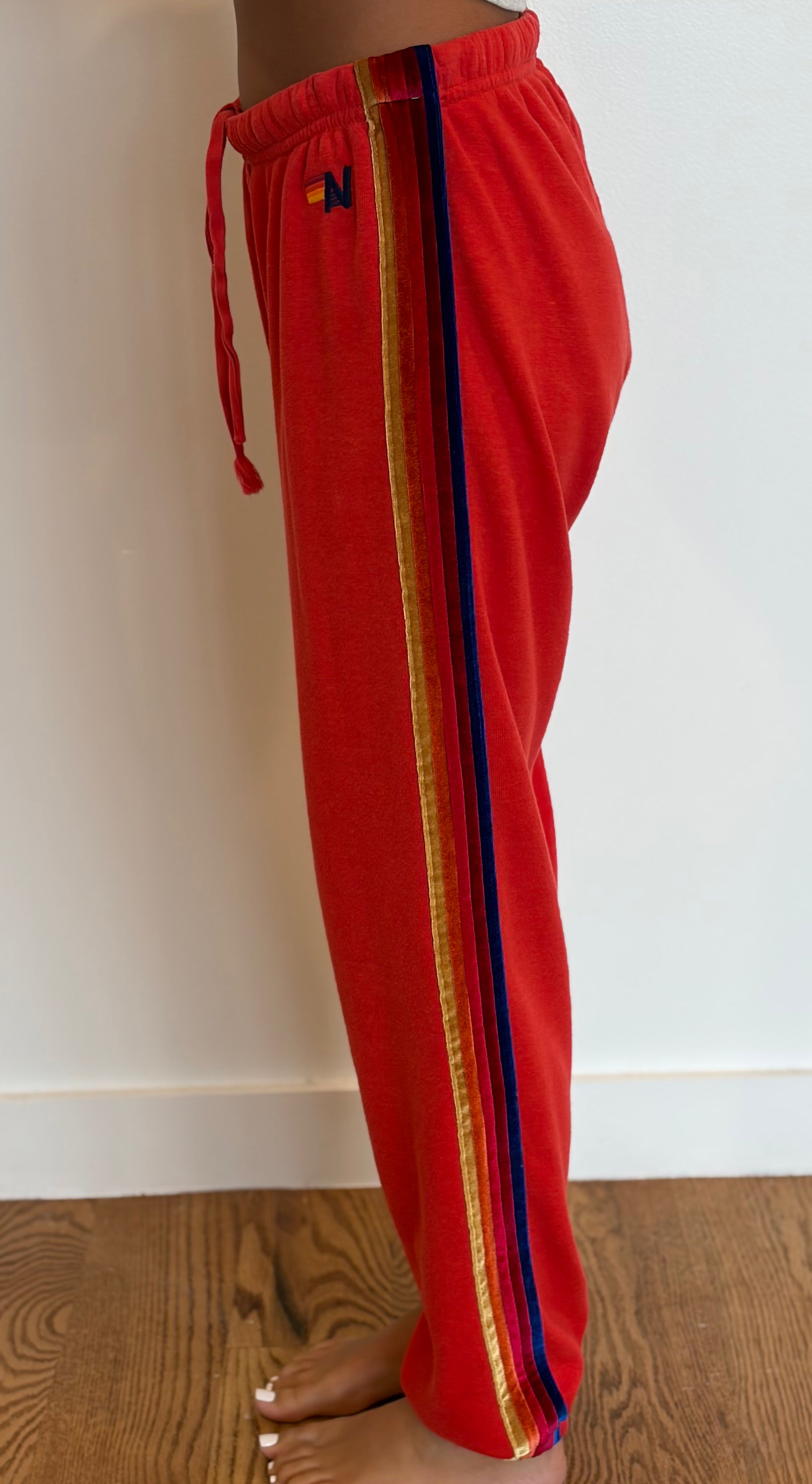 VINTAGE AVIATOR NATION Classic Five Stripe Sweatpants SMALL-RED VELVET STRIPES on Simply Obsessed