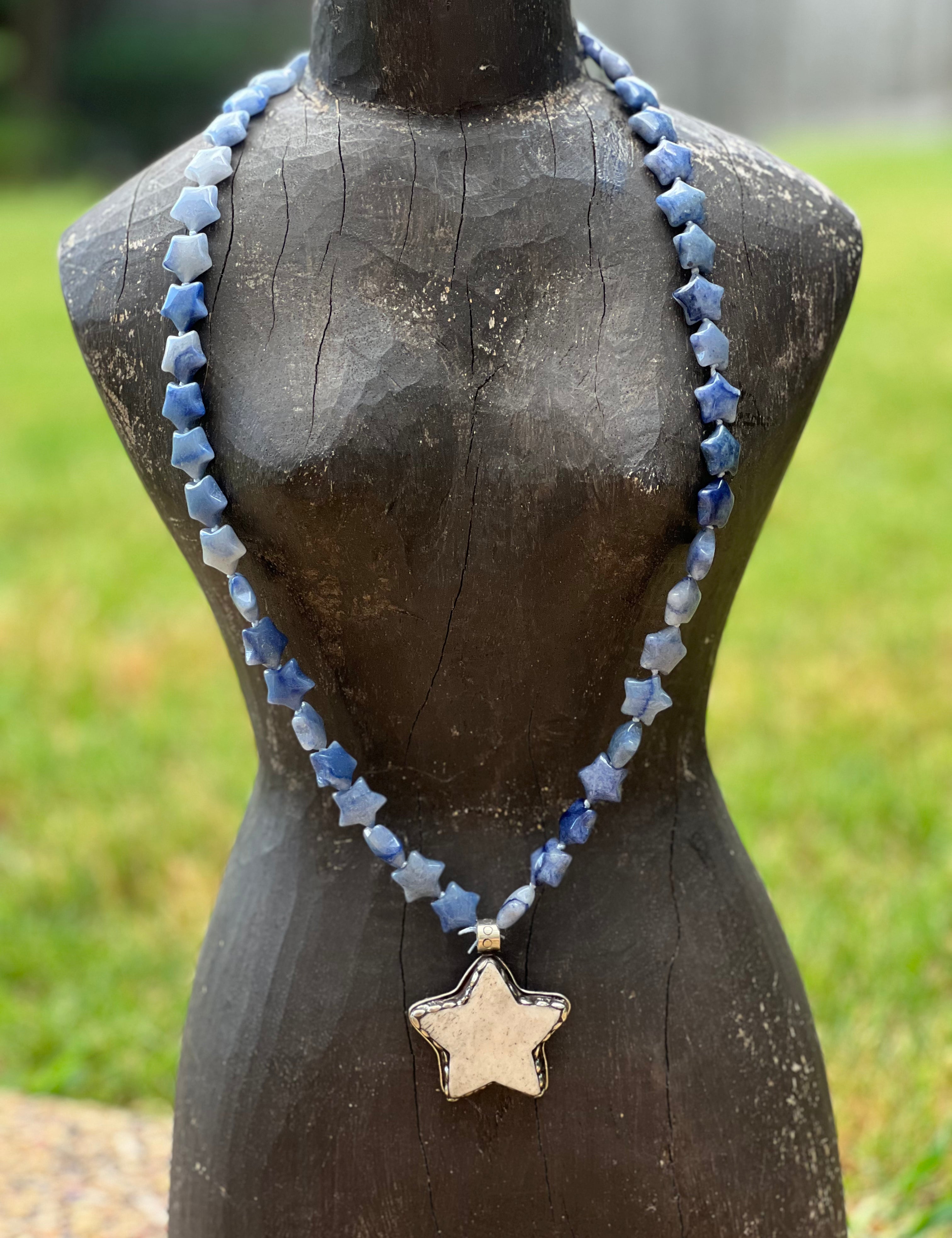 Sodalite Star Tibetan Silver Carved Tusk Star OOAK Necklace on Simply Obsessed