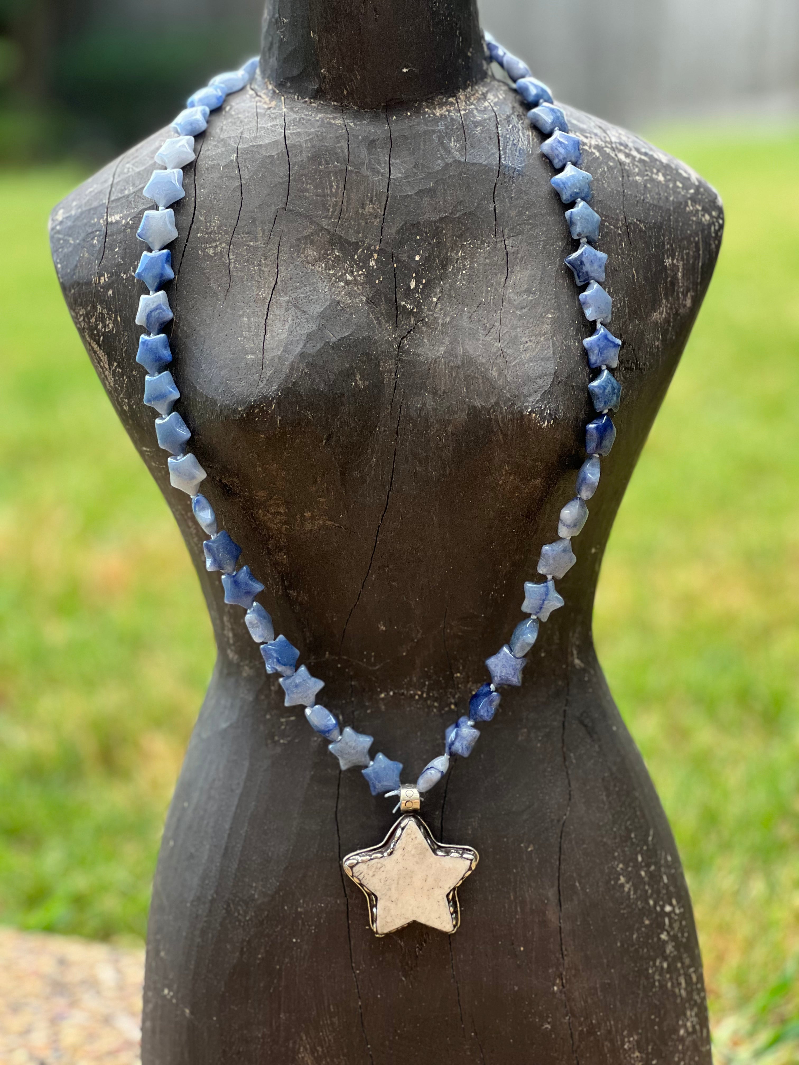 Sodalite Star Tibetan Silver Carved Tusk Star OOAK Necklace on Simply Obsessed