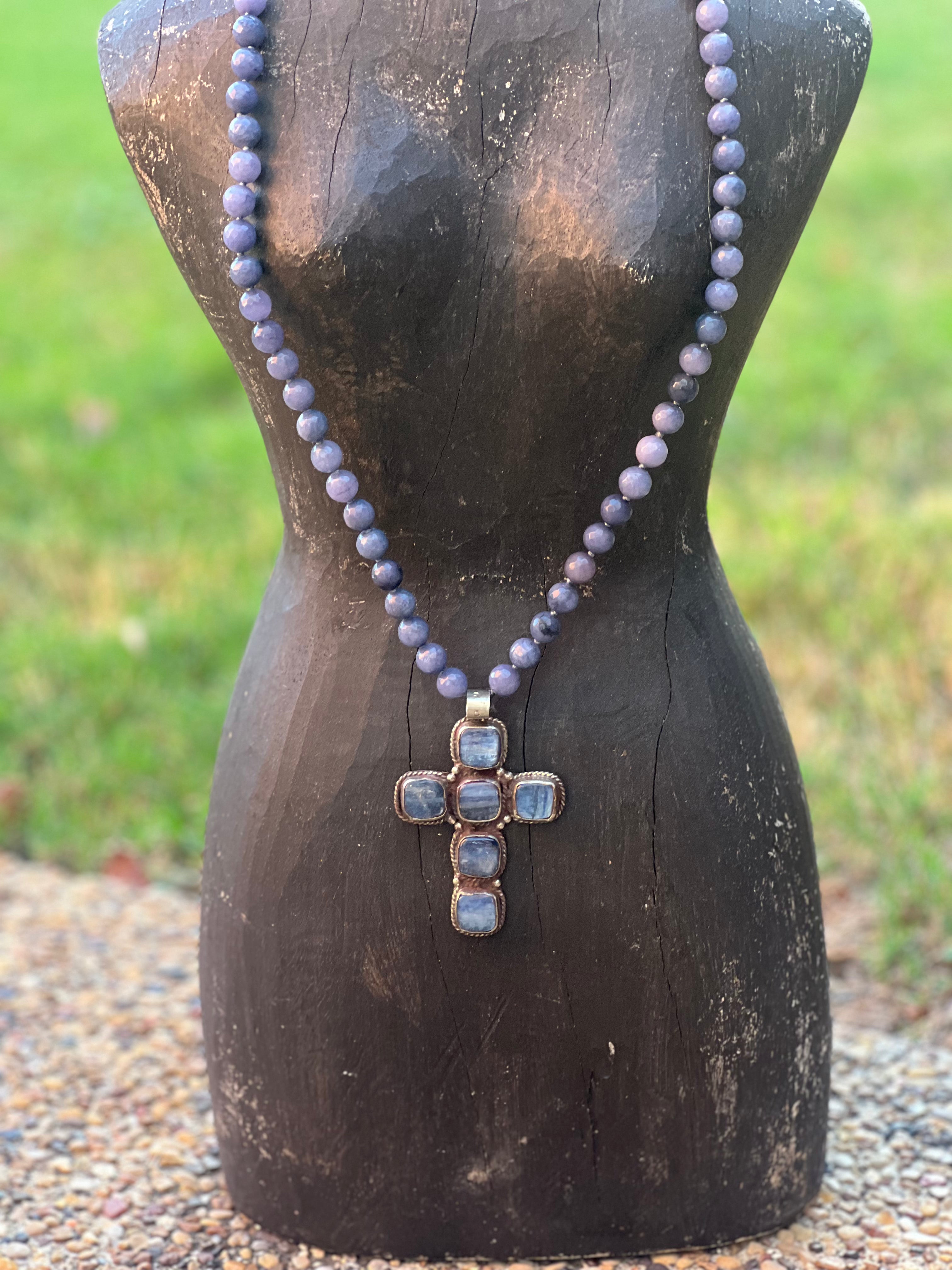 MALIBU HIPPIE Dyed Jade Tibetan Silver Kyanite Cross OOAK Necklace